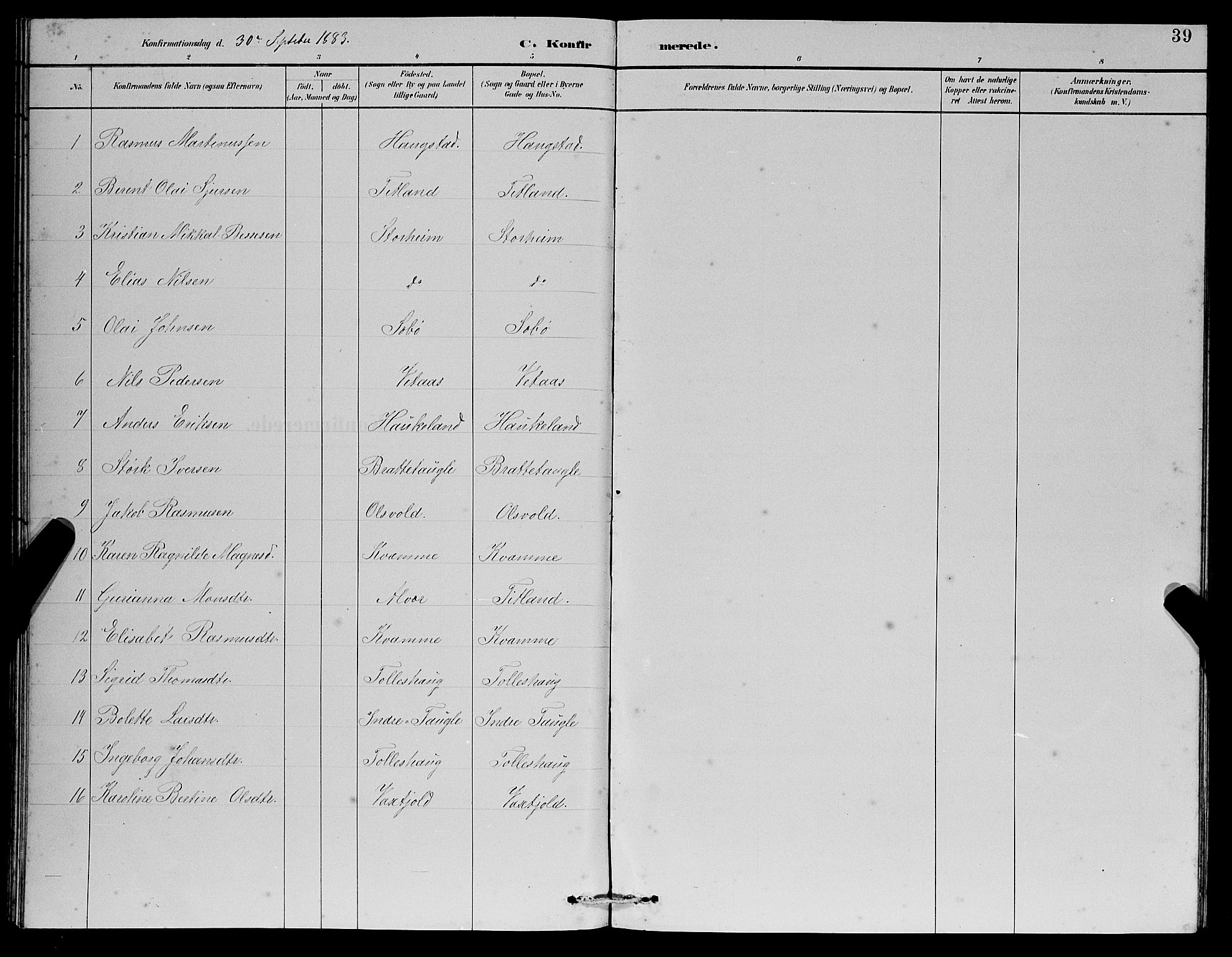 Manger sokneprestembete, SAB/A-76801/H/Hab: Parish register (copy) no. D 2, 1883-1894, p. 39