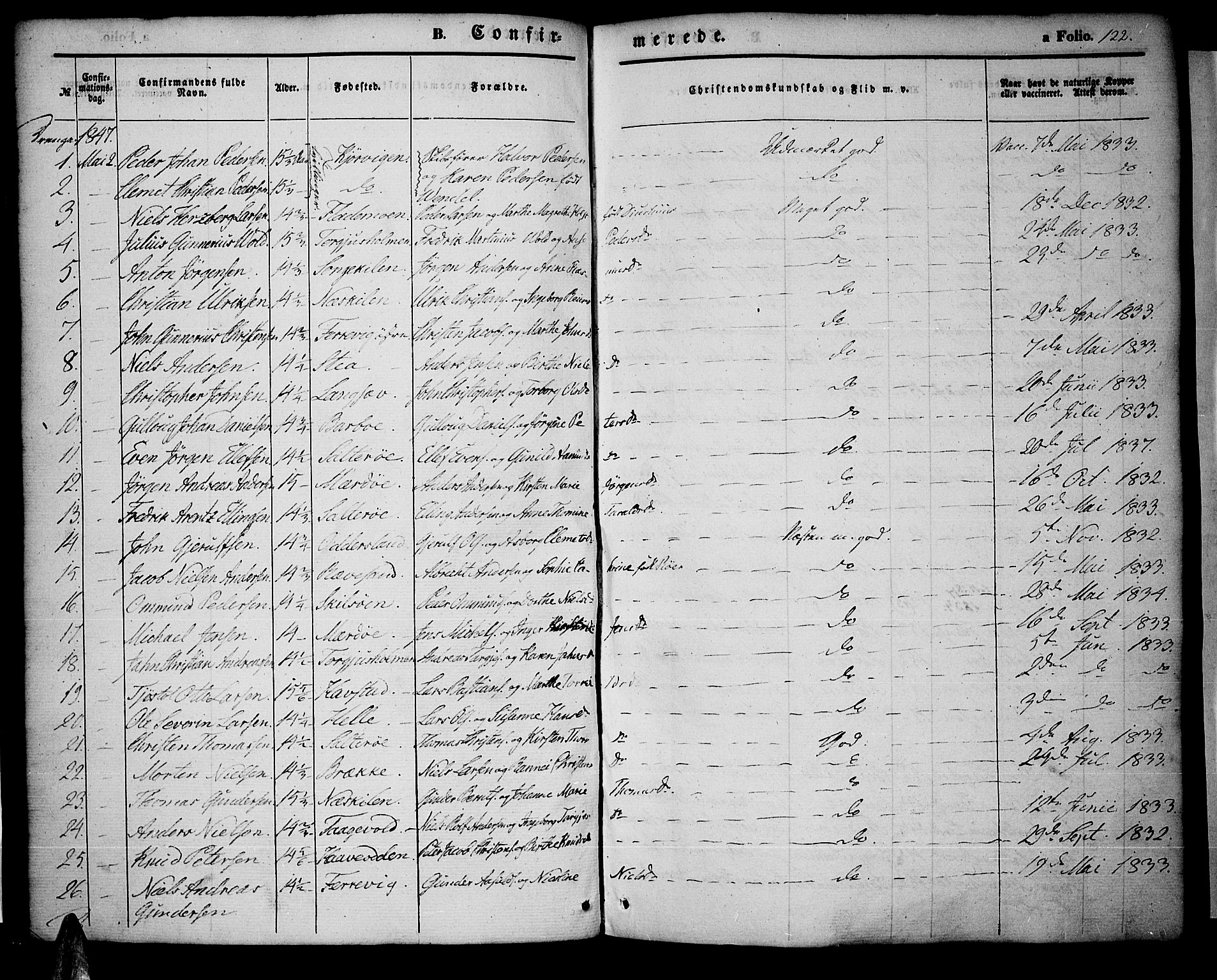 Tromøy sokneprestkontor, SAK/1111-0041/F/Fa/L0005: Parish register (official) no. A 5, 1847-1856, p. 122