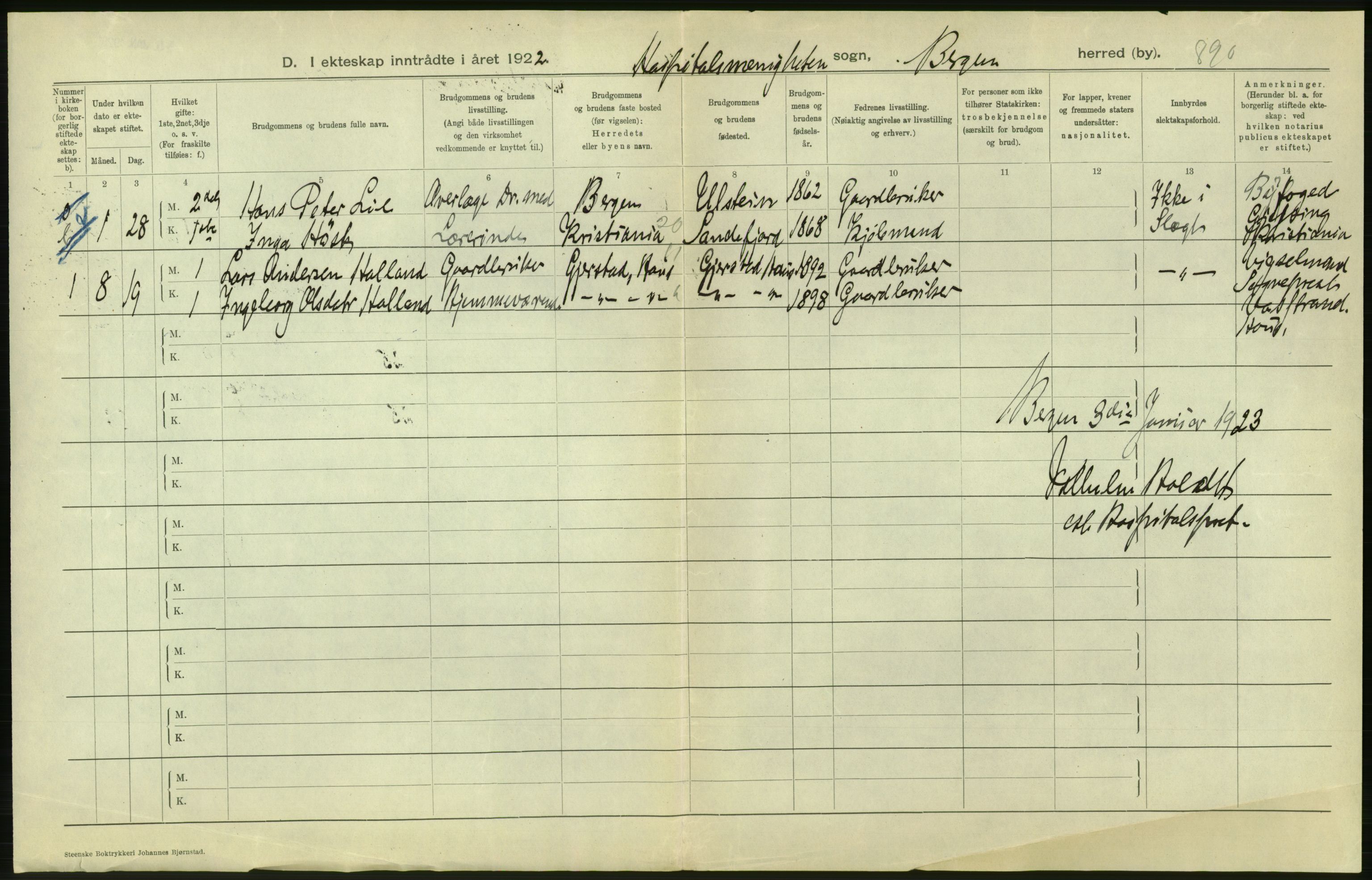 Statistisk sentralbyrå, Sosiodemografiske emner, Befolkning, AV/RA-S-2228/D/Df/Dfc/Dfcb/L0030: Bergen: Gifte, døde, dødfødte., 1922, p. 4