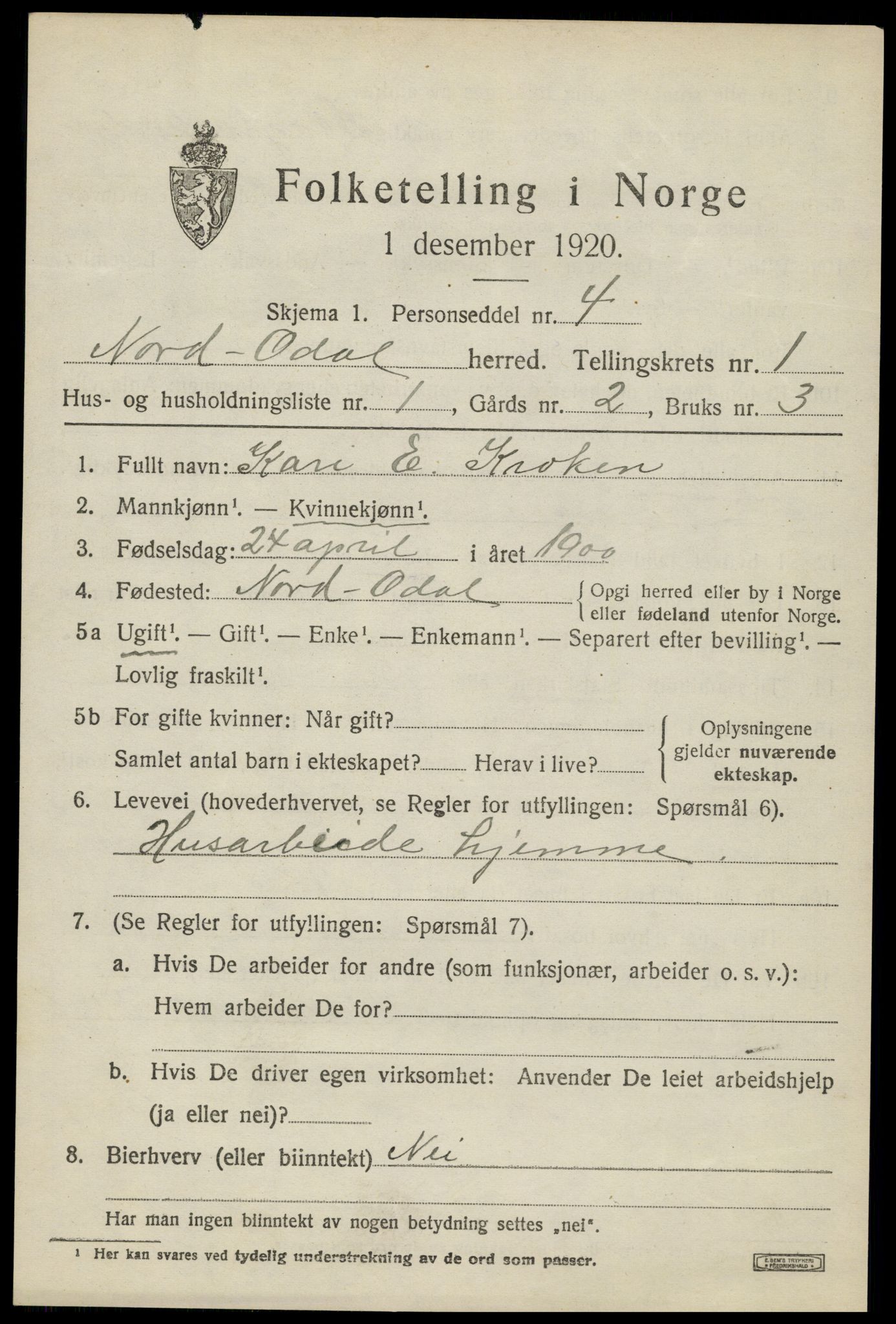 SAH, 1920 census for Nord-Odal, 1920, p. 1805