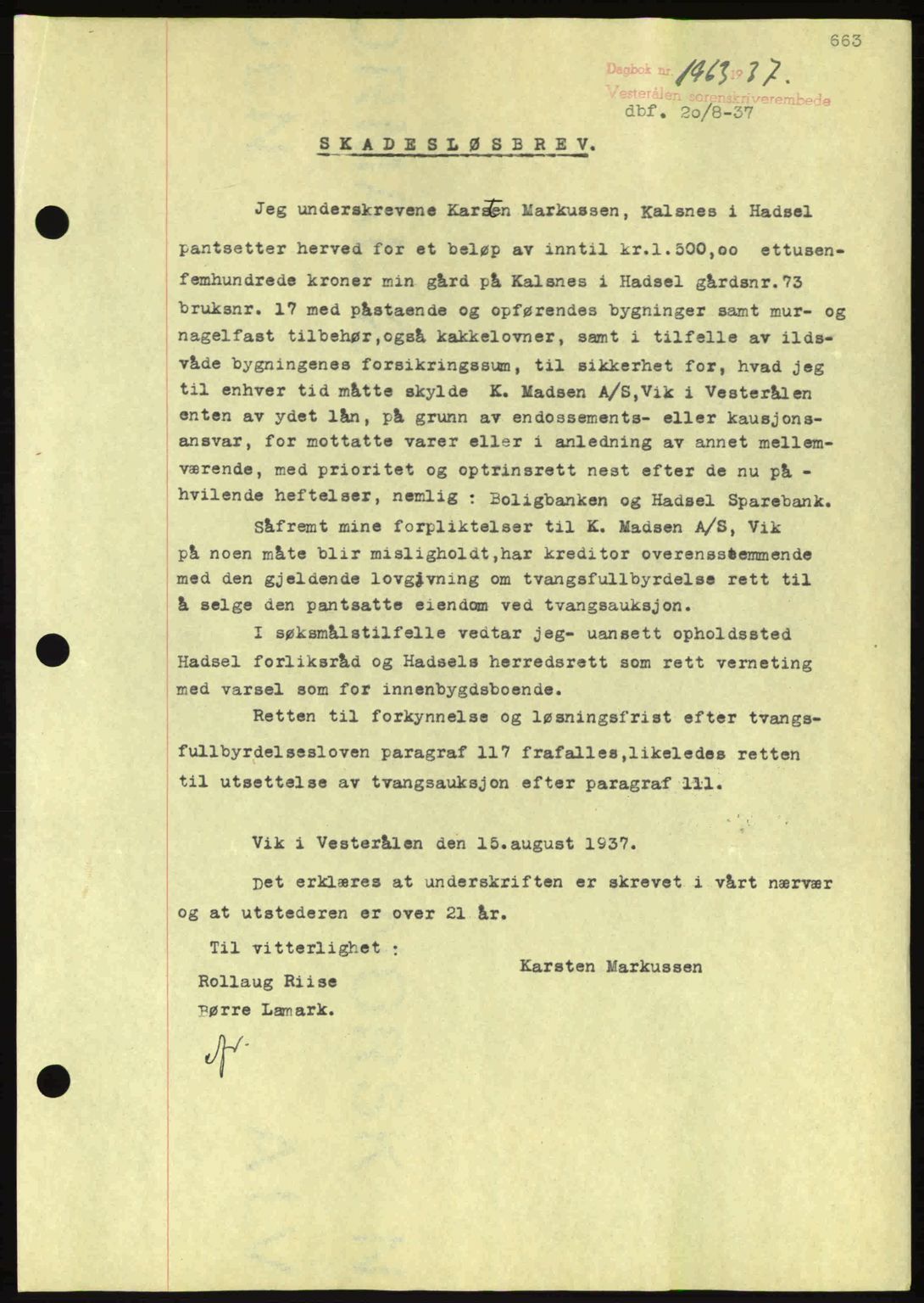 Vesterålen sorenskriveri, AV/SAT-A-4180/1/2/2Ca: Mortgage book no. B1-5, 1936-1938, Diary no: : 1963/1937