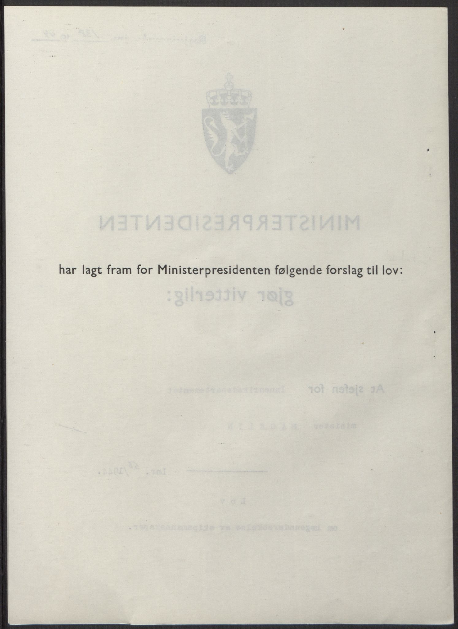 NS-administrasjonen 1940-1945 (Statsrådsekretariatet, de kommisariske statsråder mm), AV/RA-S-4279/D/Db/L0100: Lover, 1944, p. 261