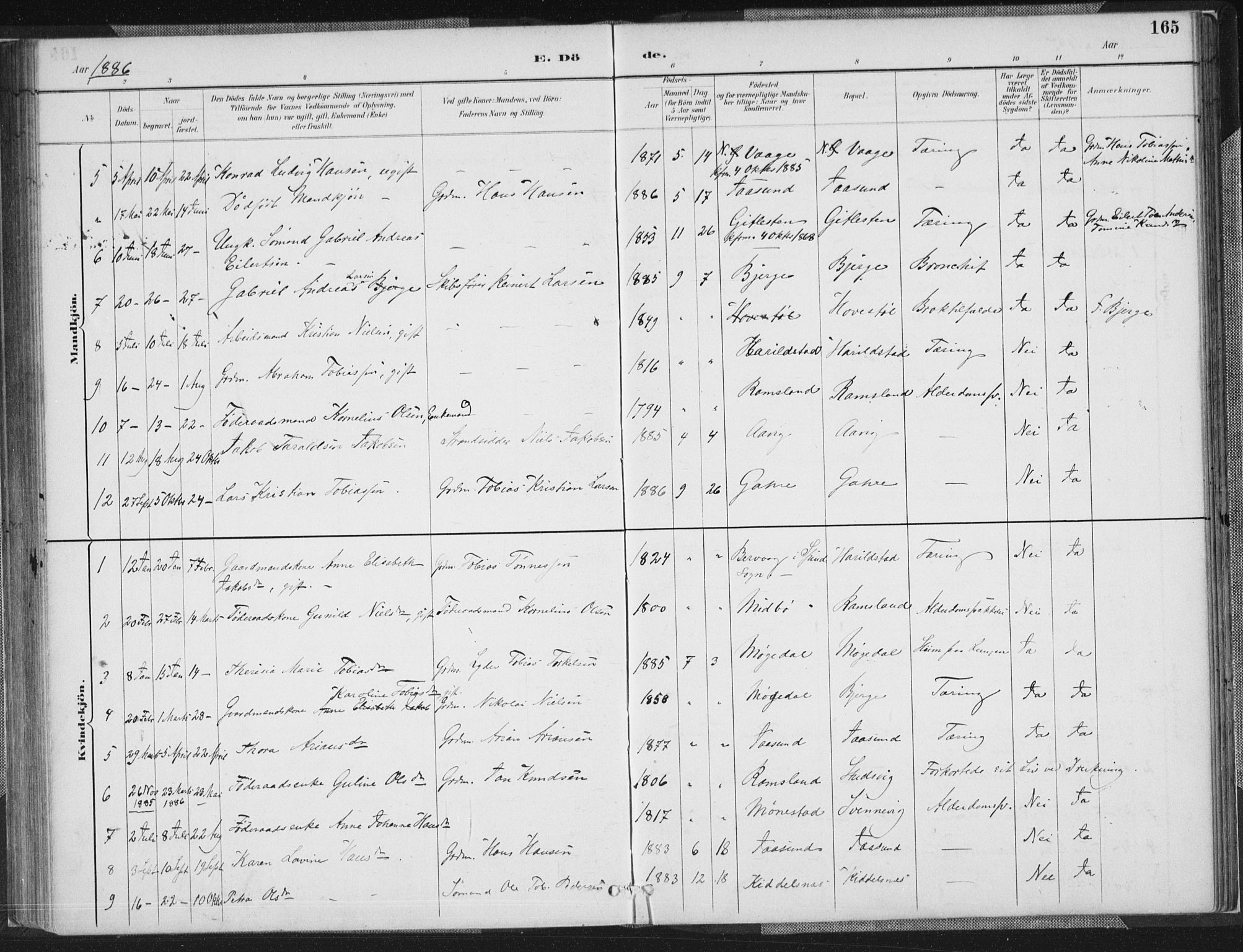 Sør-Audnedal sokneprestkontor, AV/SAK-1111-0039/F/Fa/Faa/L0004: Parish register (official) no. A 4, 1884-1909, p. 165