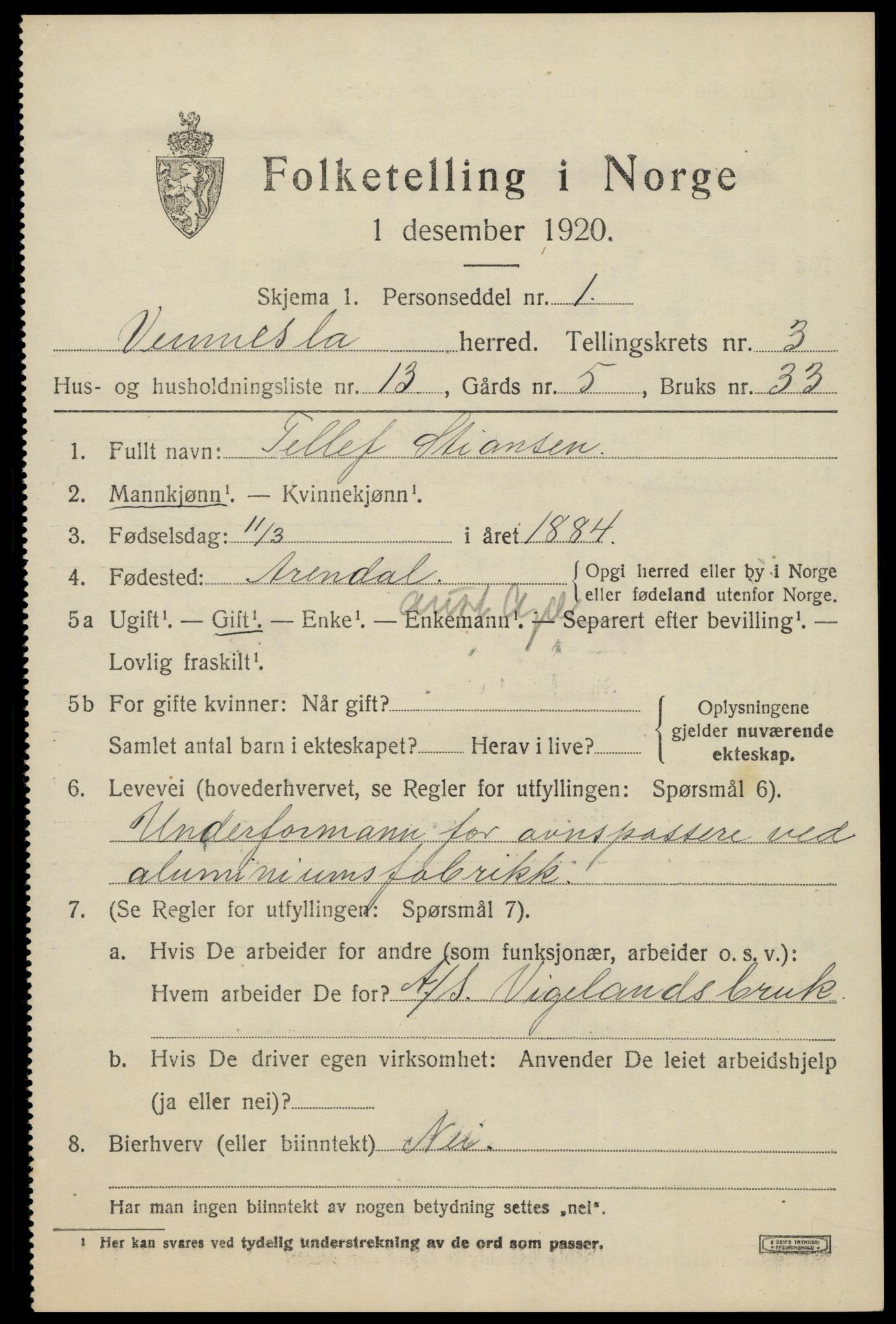 SAK, 1920 census for Vennesla, 1920, p. 2372