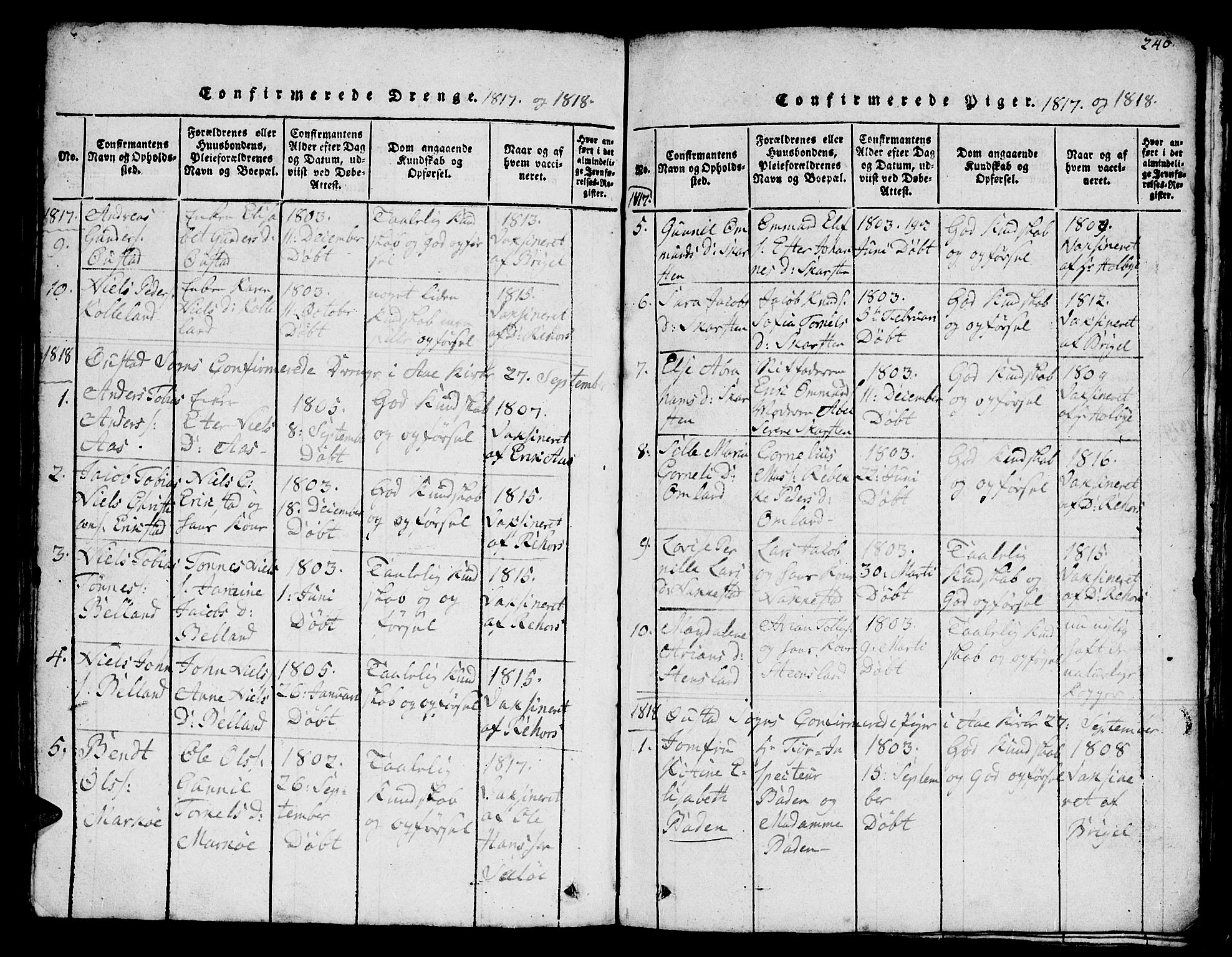Lyngdal sokneprestkontor, SAK/1111-0029/F/Fb/Fba/L0001: Parish register (copy) no. B 1, 1816-1876, p. 240