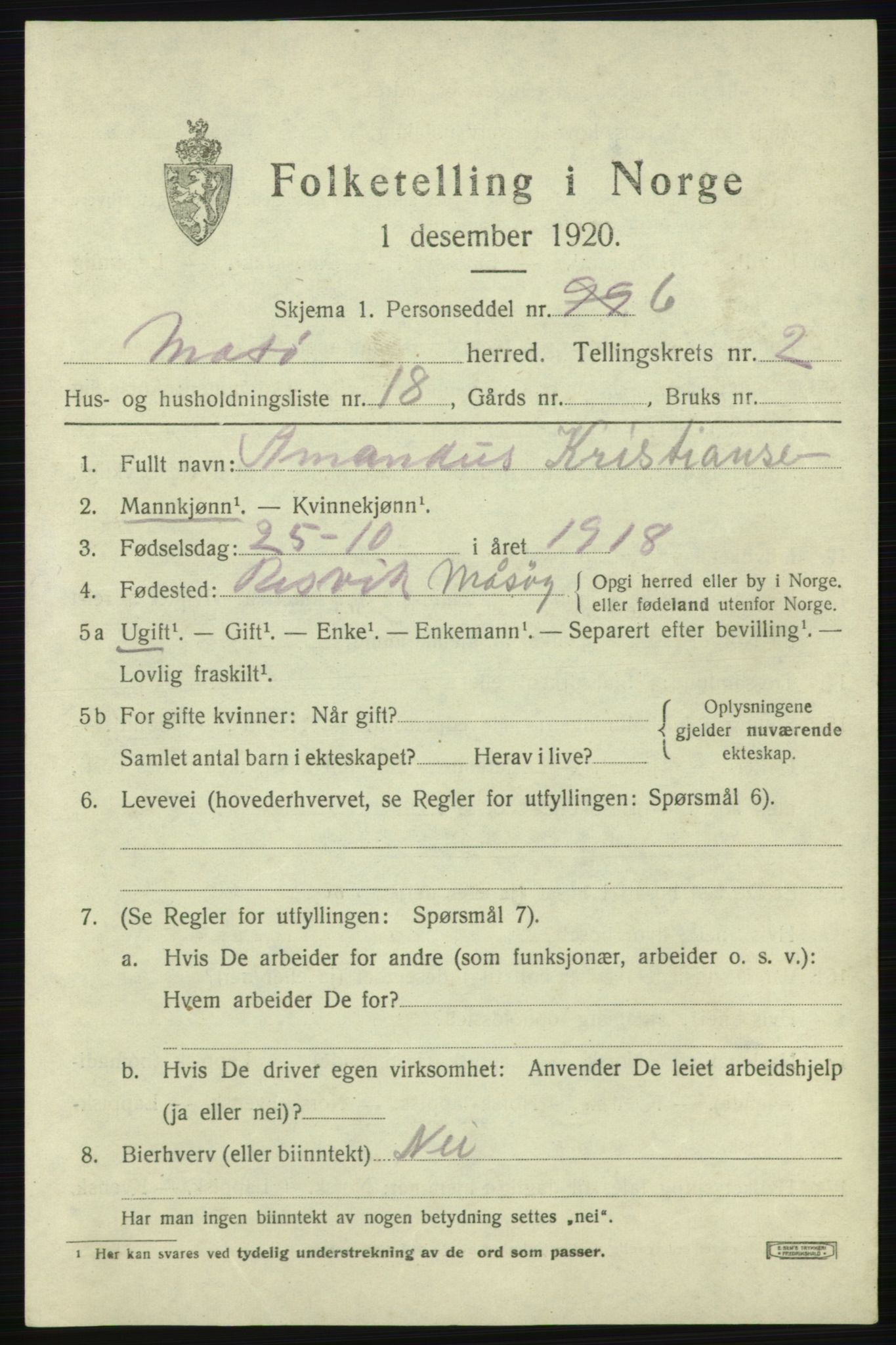 SATØ, 1920 census for Måsøy, 1920, p. 1496