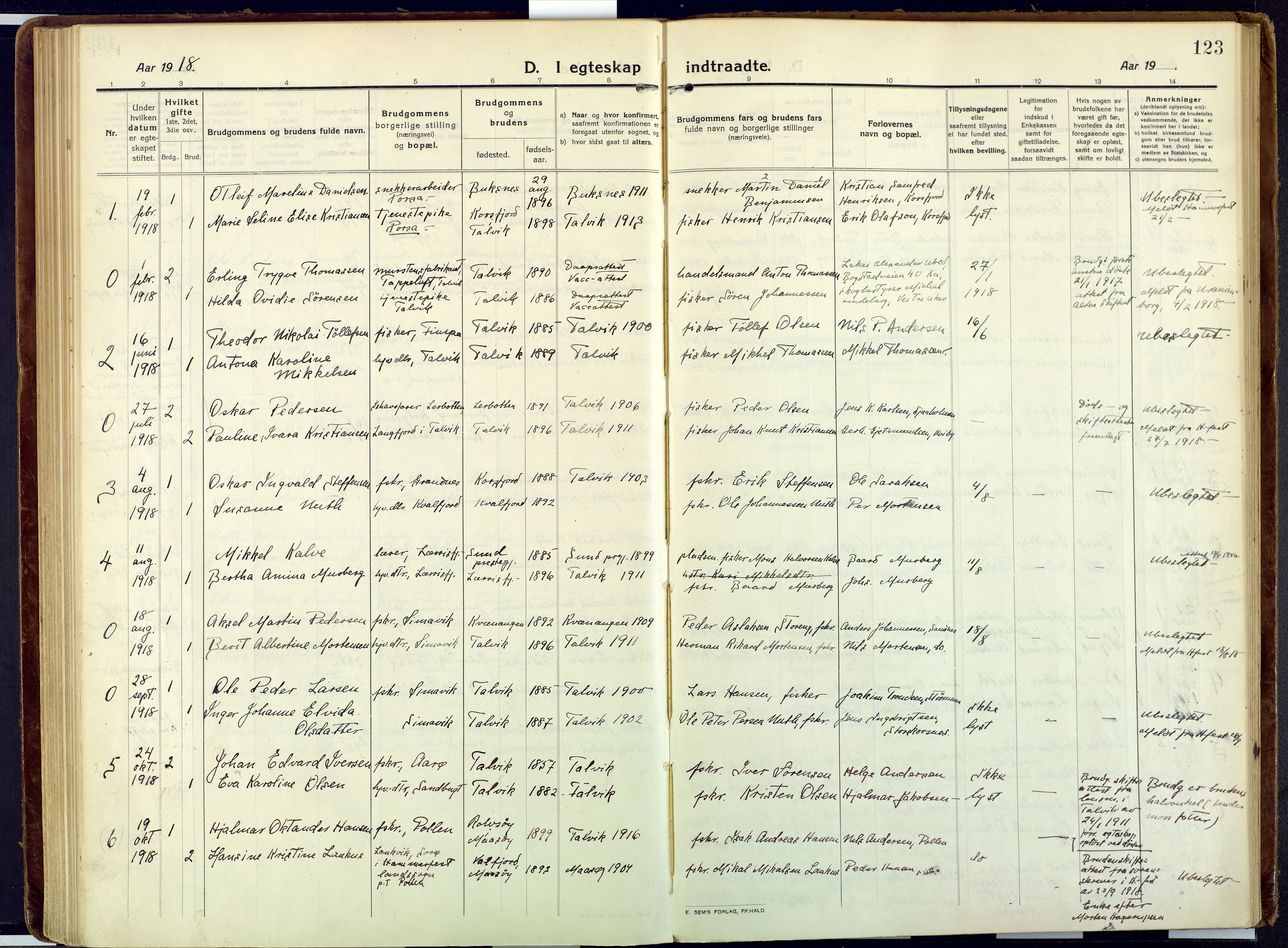 Talvik sokneprestkontor, SATØ/S-1337/H/Ha/L0018kirke: Parish register (official) no. 18, 1915-1924, p. 123