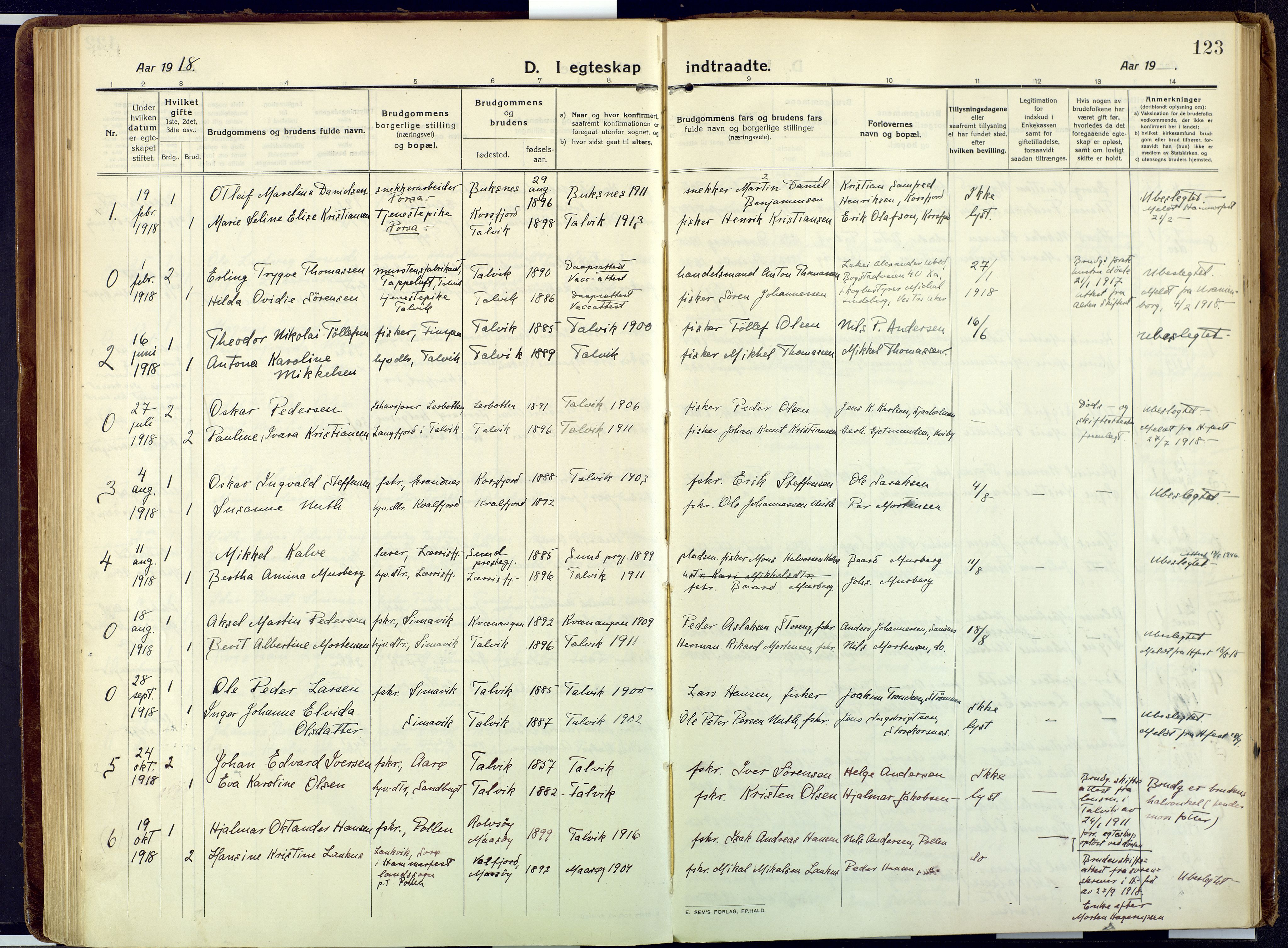 Talvik sokneprestkontor, AV/SATØ-S-1337/H/Ha/L0018kirke: Parish register (official) no. 18, 1915-1924, p. 123