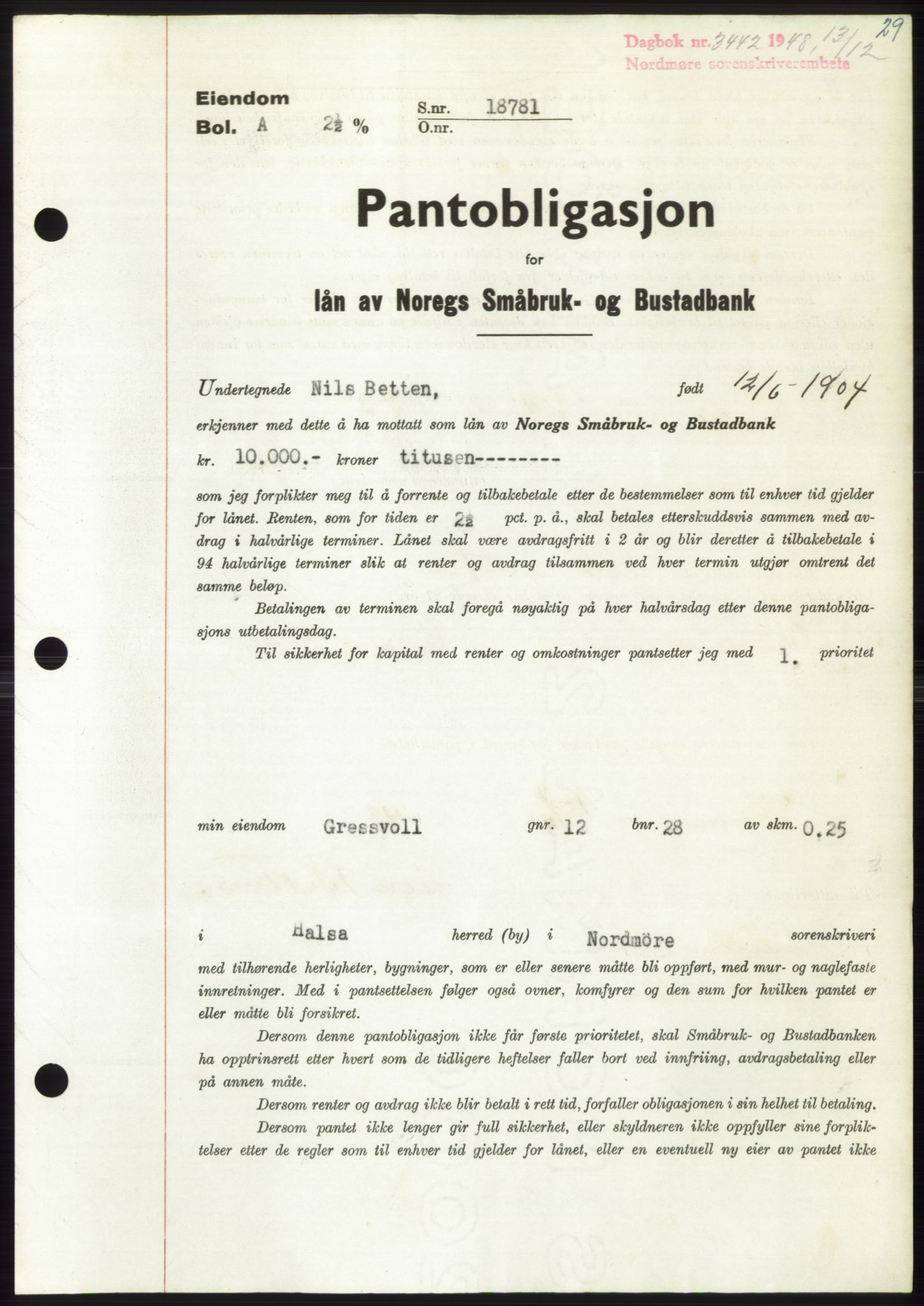 Nordmøre sorenskriveri, AV/SAT-A-4132/1/2/2Ca: Mortgage book no. B100, 1948-1949, Diary no: : 3442/1948