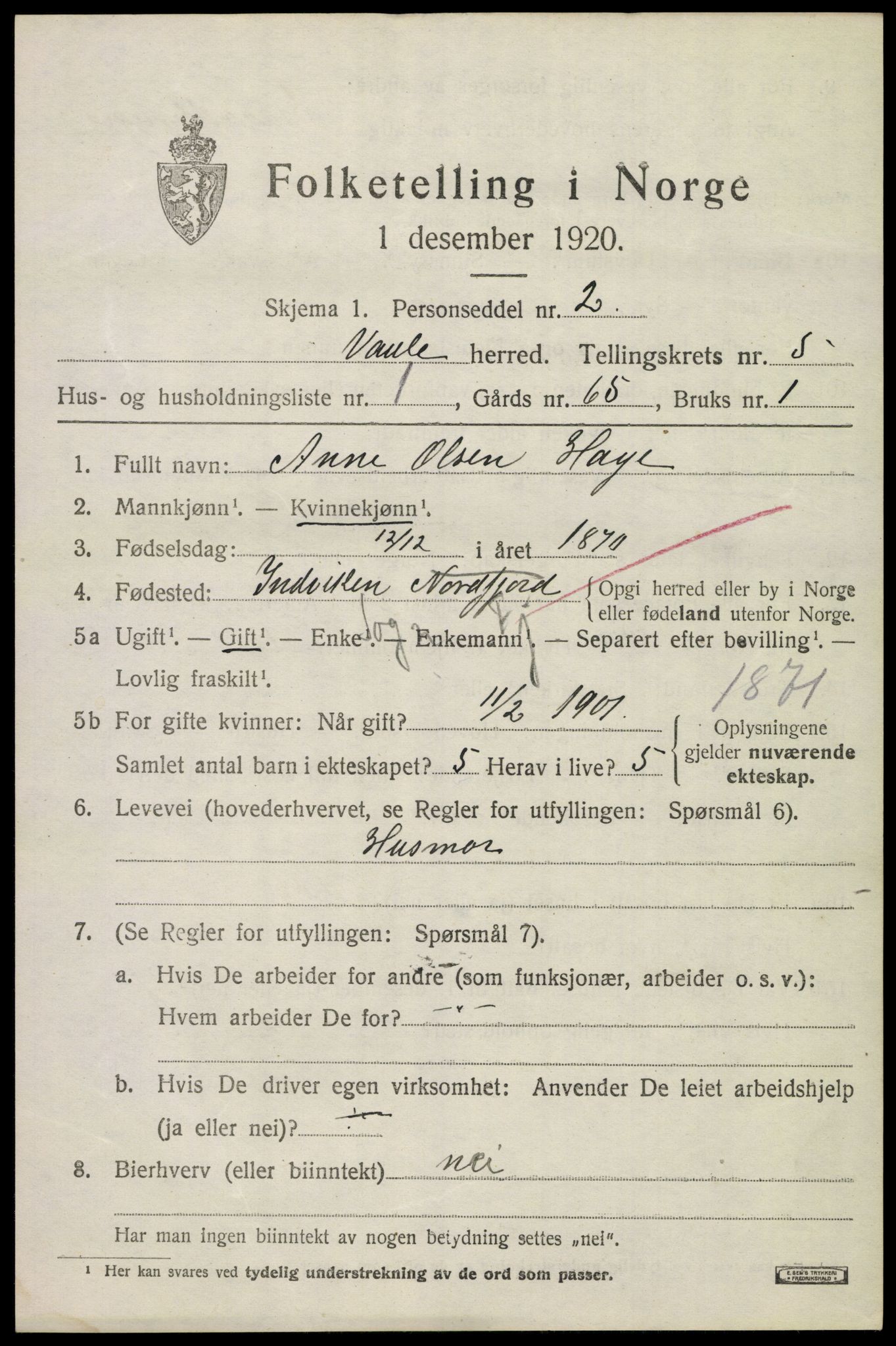 SAKO, 1920 census for Våle, 1920, p. 3604