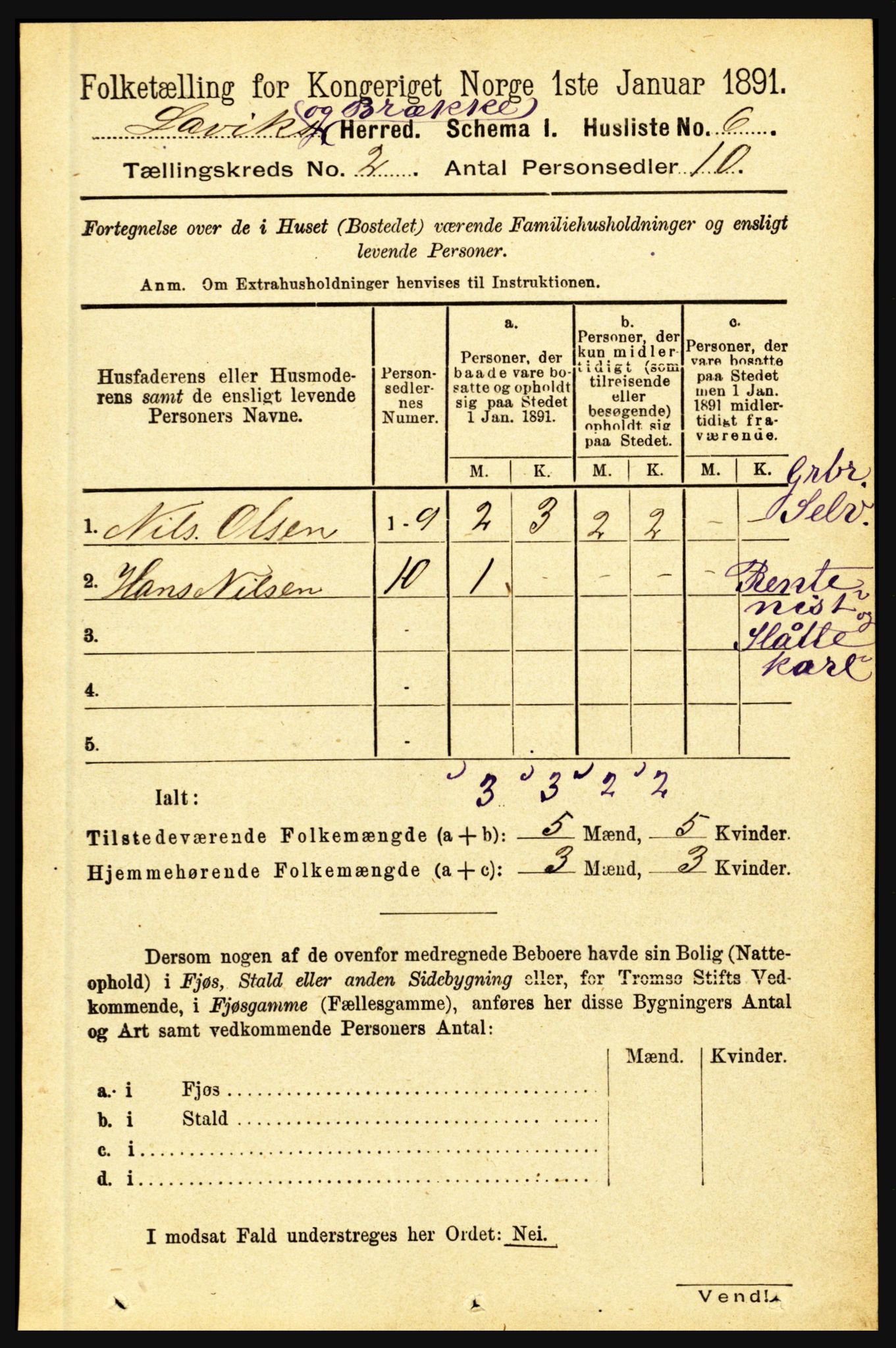 RA, 1891 census for 1415 Lavik og Brekke, 1891, p. 266