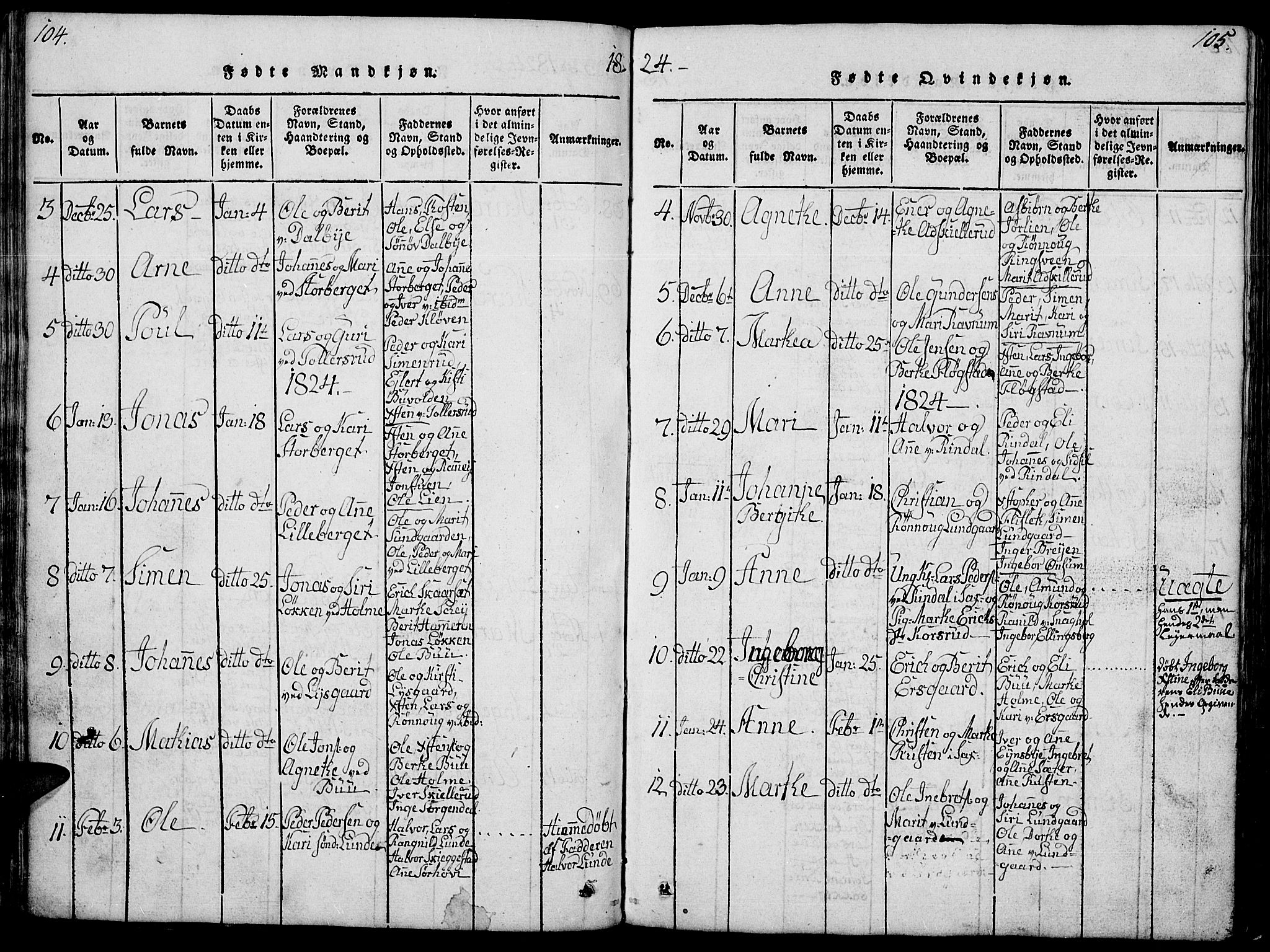 Fåberg prestekontor, SAH/PREST-086/H/Ha/Hab/L0004: Parish register (copy) no. 4, 1818-1837, p. 104-105