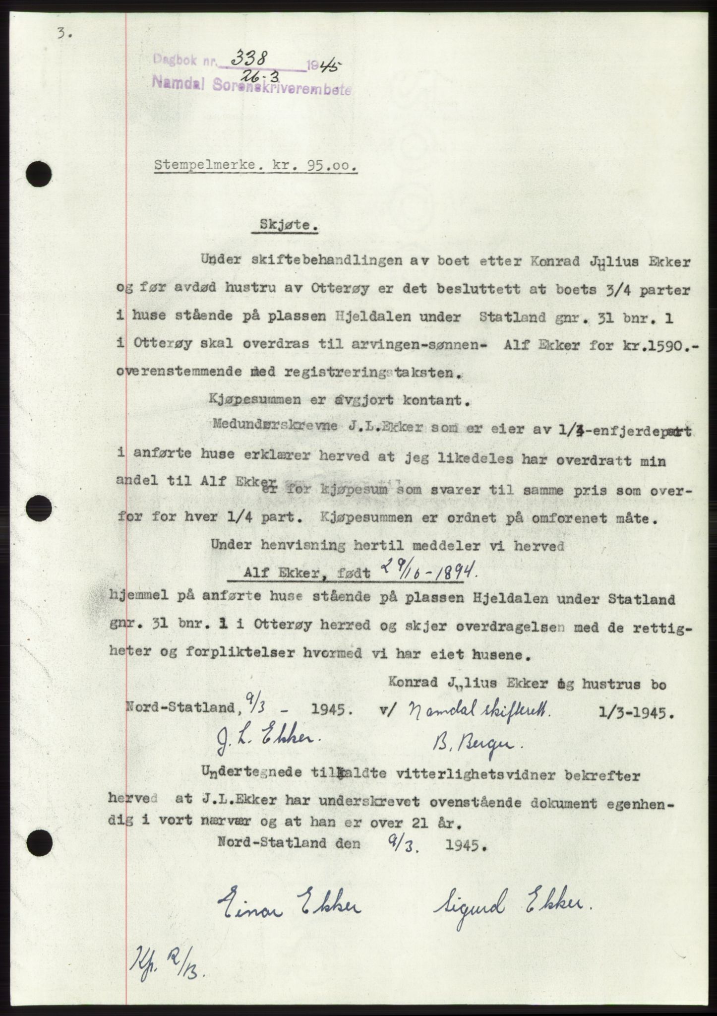 Namdal sorenskriveri, SAT/A-4133/1/2/2C: Mortgage book no. -, 1944-1945, Diary no: : 338/1945