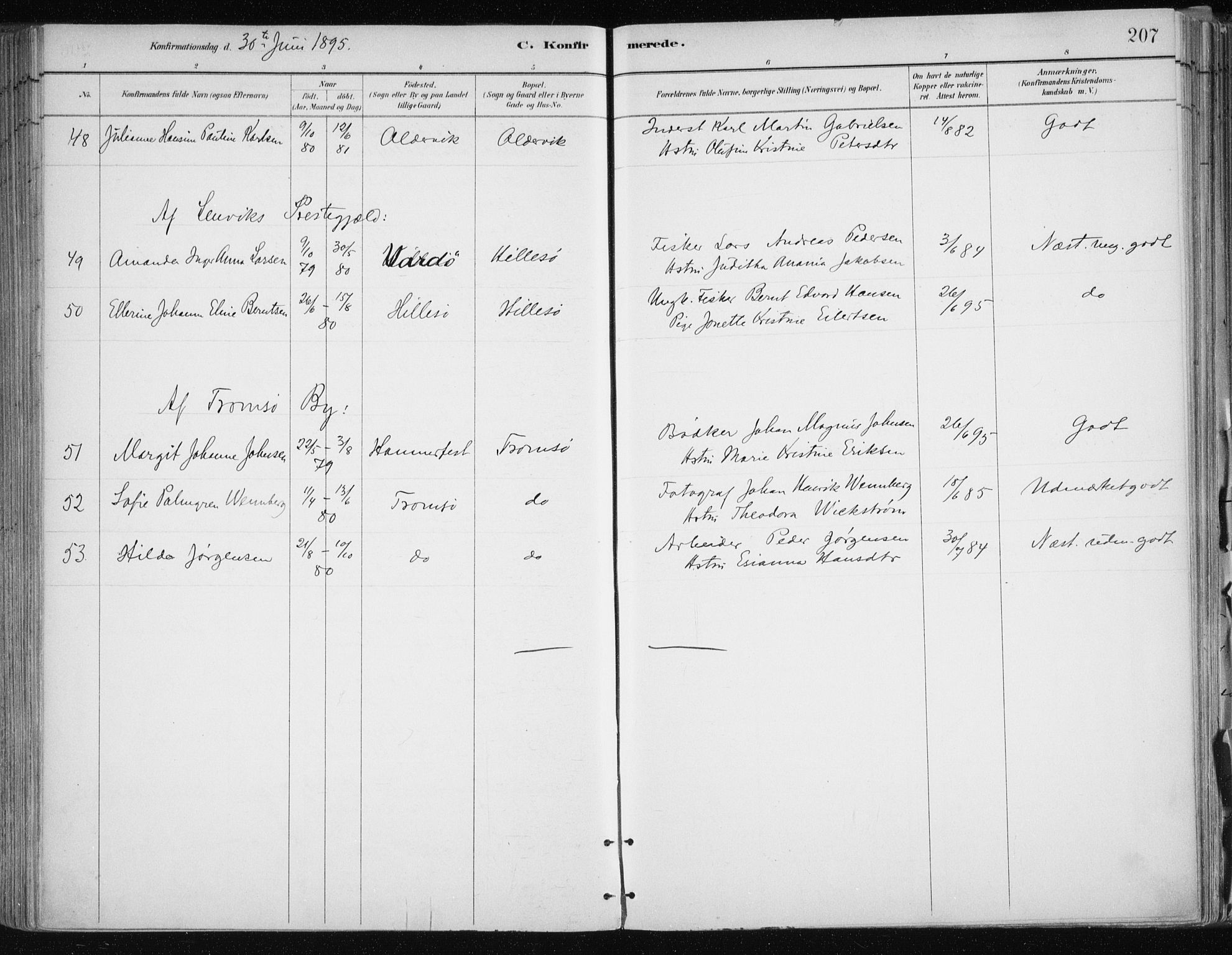 Tromsøysund sokneprestkontor, AV/SATØ-S-1304/G/Ga/L0005kirke: Parish register (official) no. 5, 1888-1896, p. 207