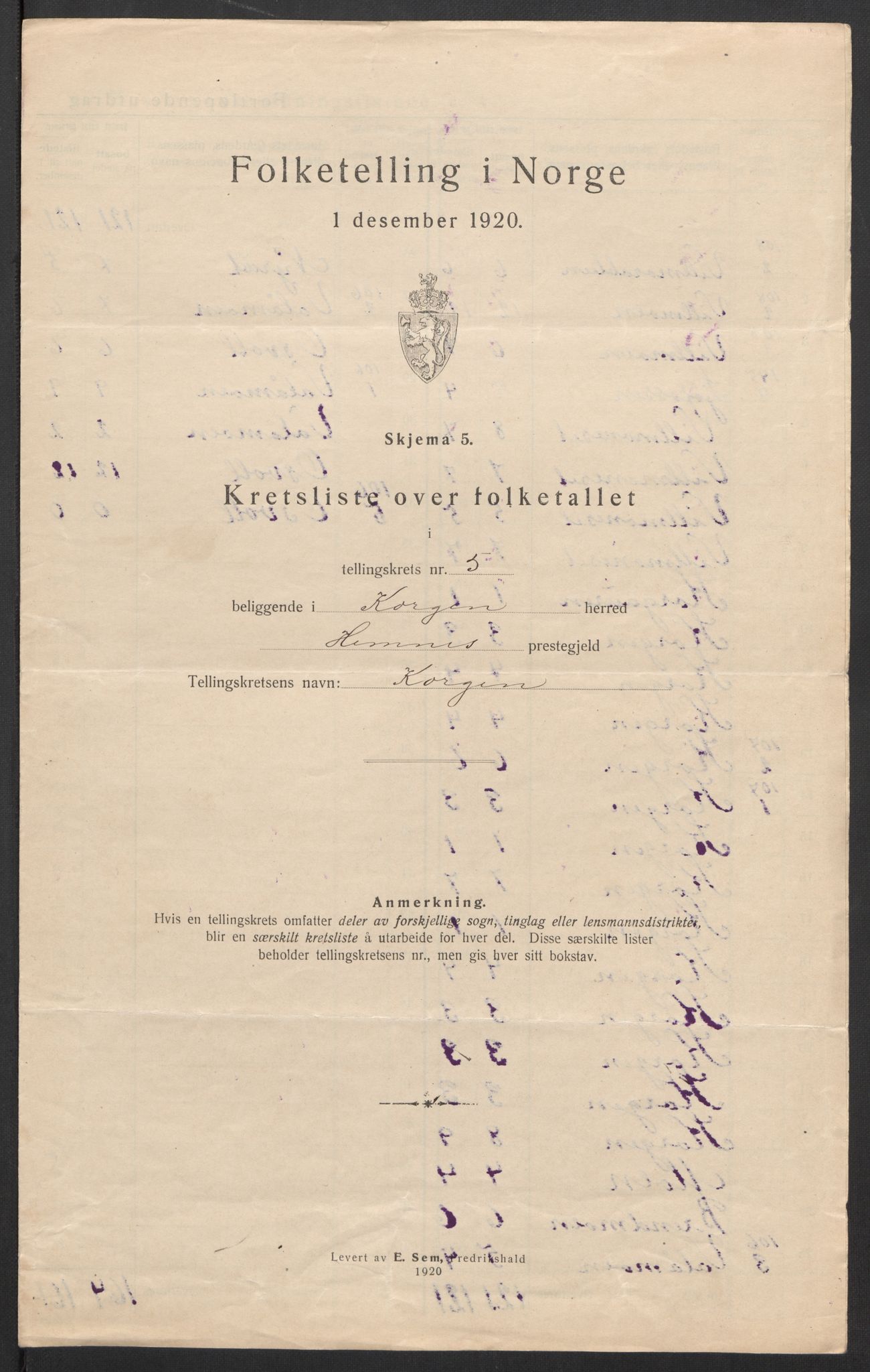 SAT, 1920 census for Korgen, 1920, p. 18