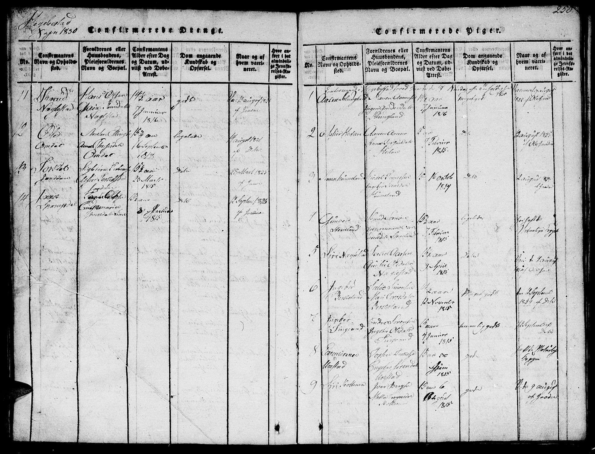 Hægebostad sokneprestkontor, AV/SAK-1111-0024/F/Fb/Fba/L0001: Parish register (copy) no. B 1, 1815-1844, p. 250