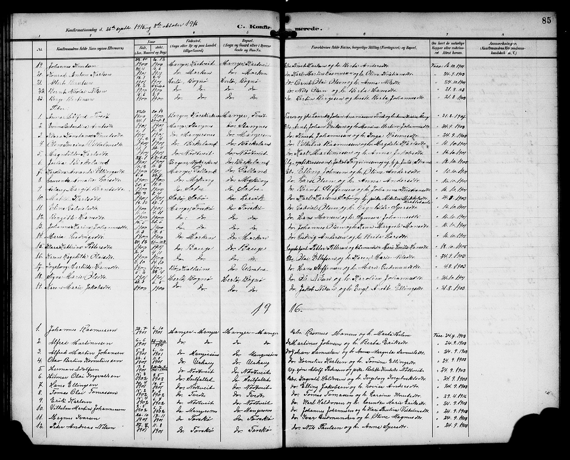 Manger sokneprestembete, SAB/A-76801/H/Hab: Parish register (copy) no. A 2, 1902-1923, p. 85
