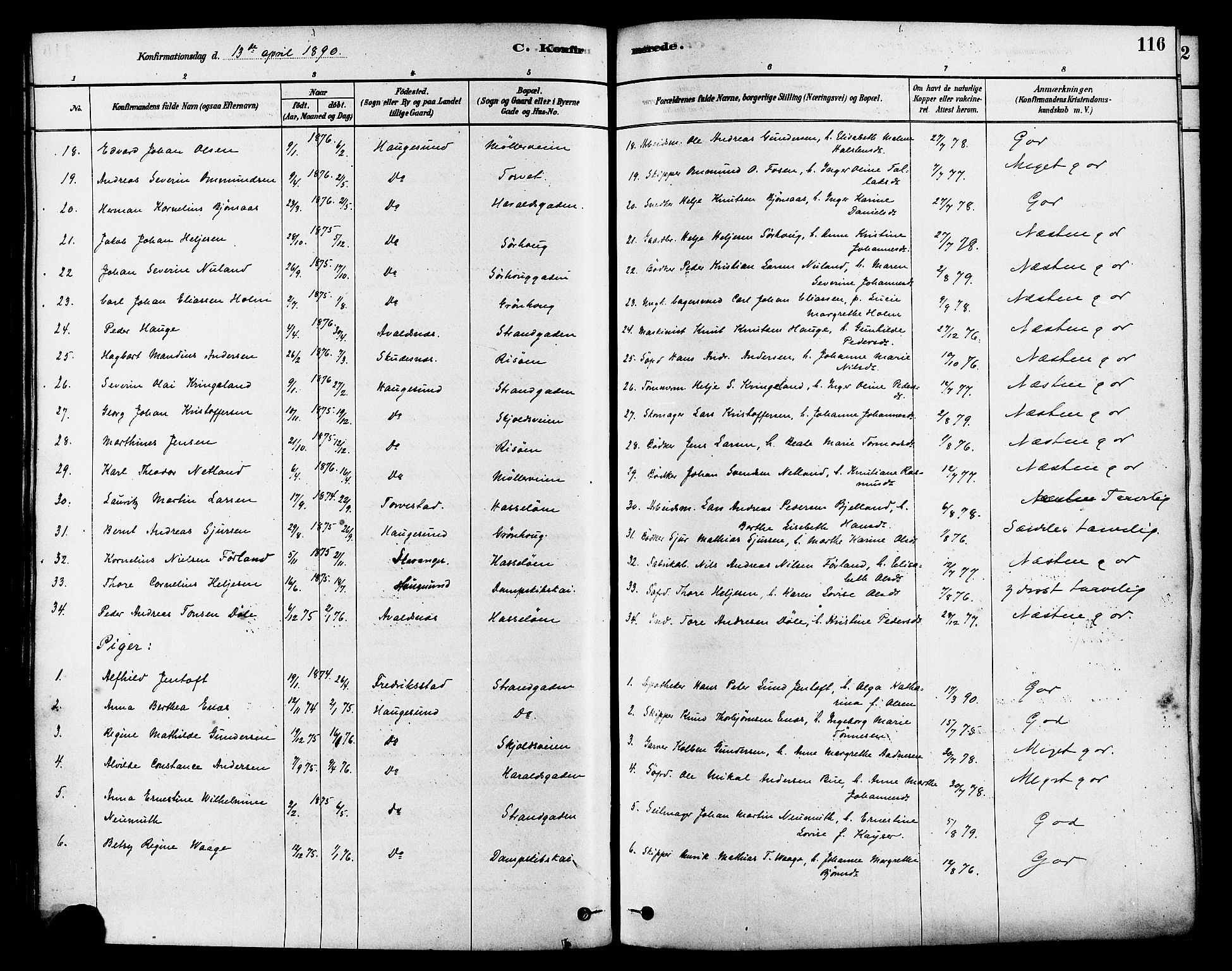 Haugesund sokneprestkontor, AV/SAST-A -101863/H/Ha/Haa/L0003: Parish register (official) no. A 3, 1885-1890, p. 116