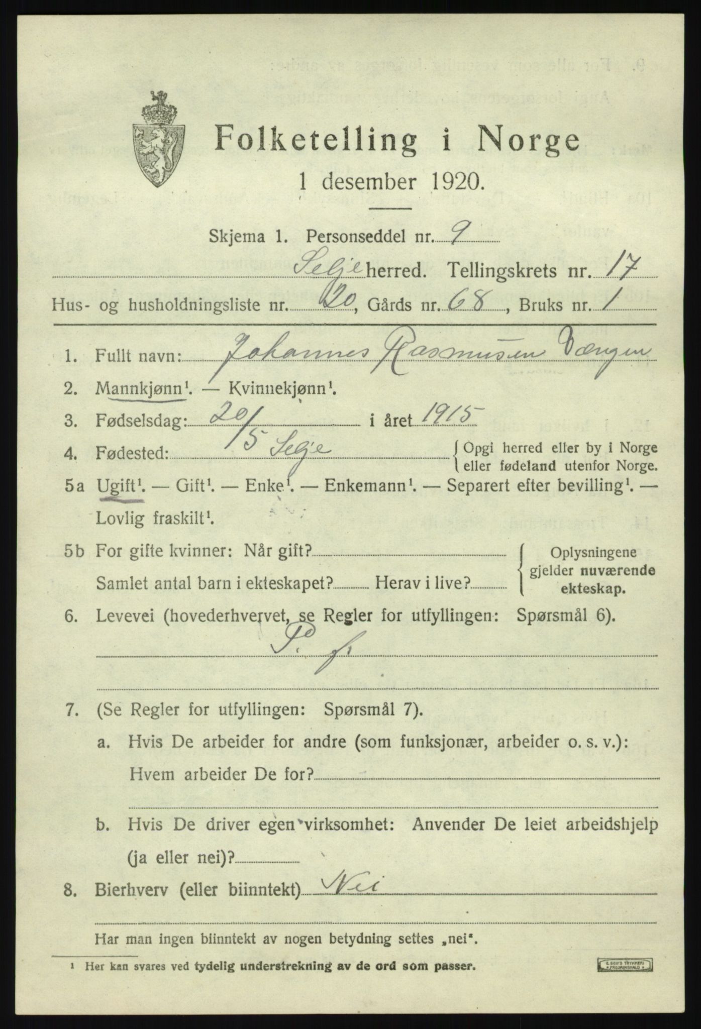 SAB, 1920 census for Selje, 1920, p. 7831