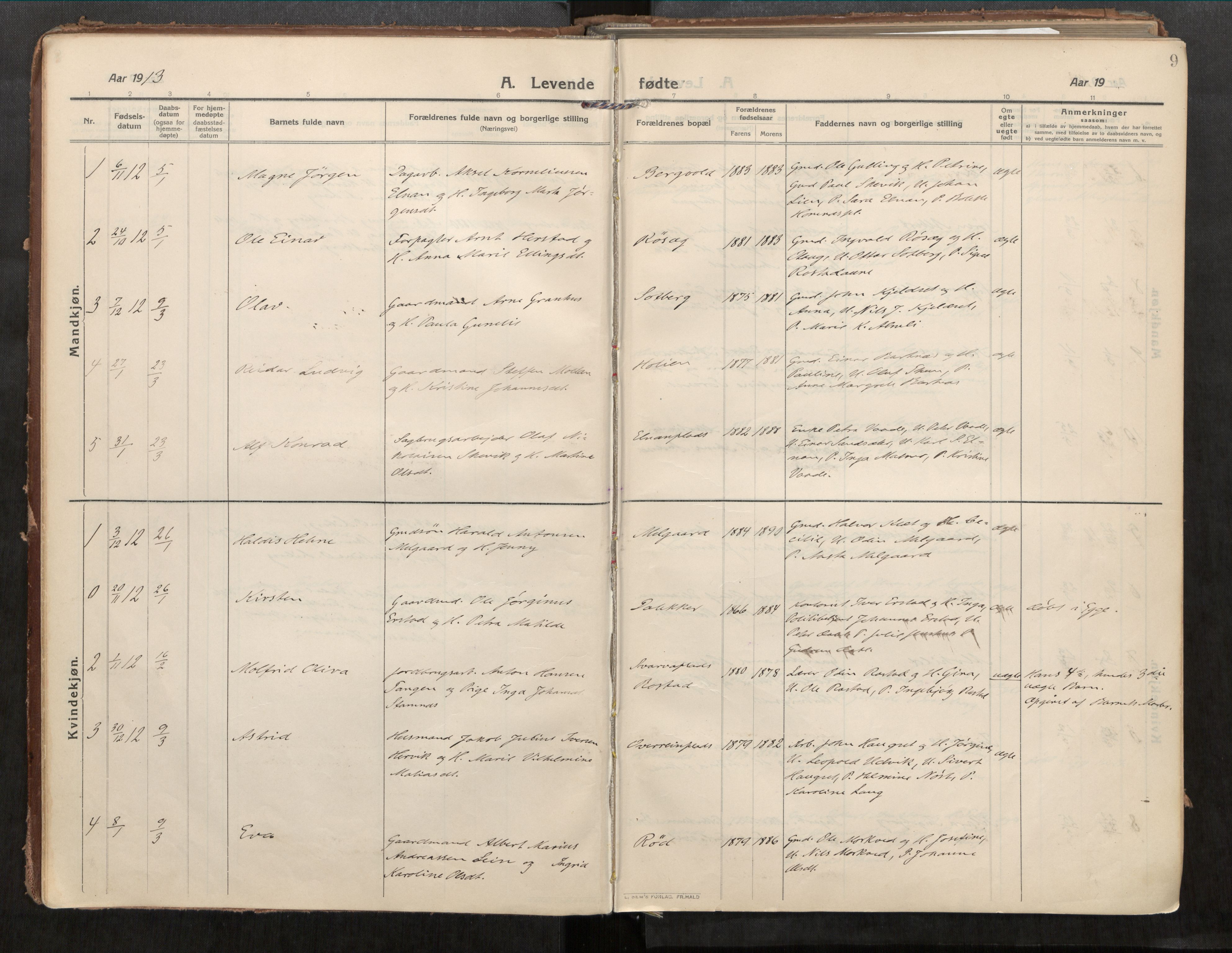 Beitstad sokneprestkontor, SAT/A-1162/I/I1/I1a/L0001: Parish register (official) no. 1, 1912-1927, p. 9