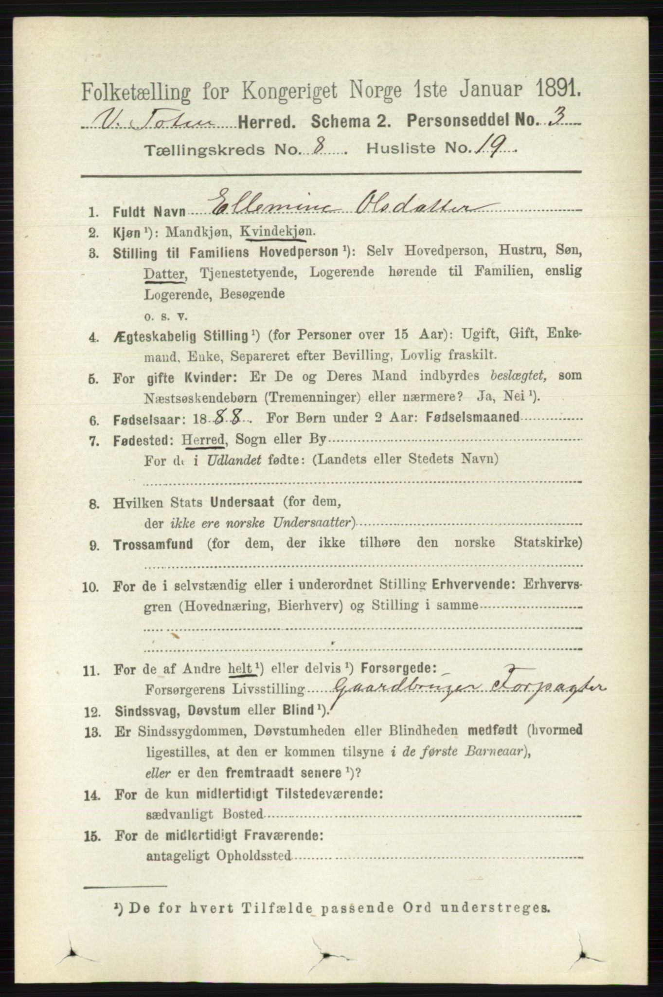 RA, 1891 census for 0529 Vestre Toten, 1891, p. 5108