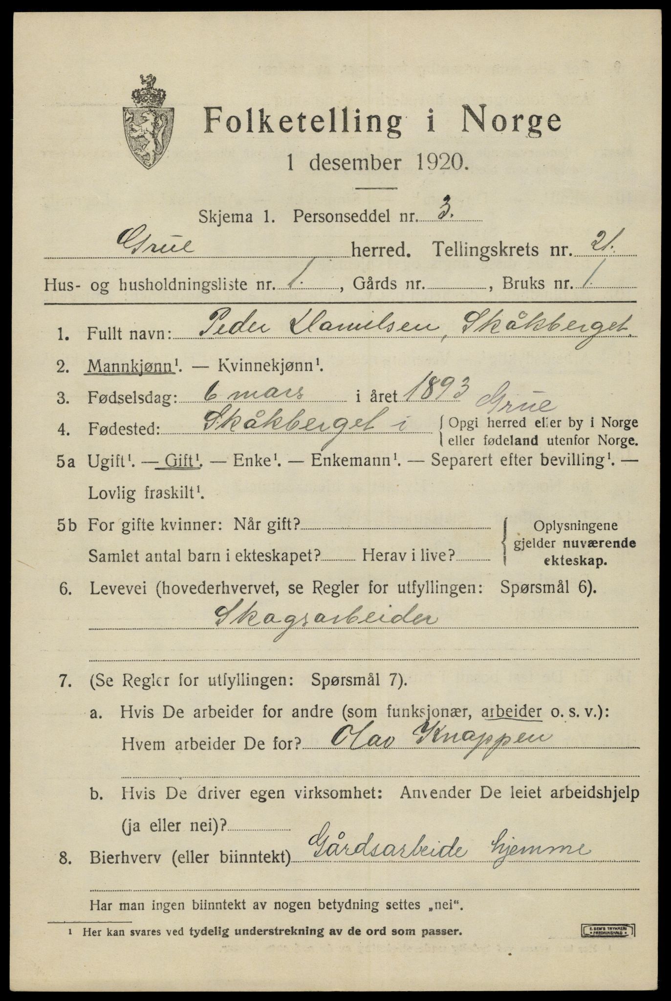 SAH, 1920 census for Grue, 1920, p. 15289