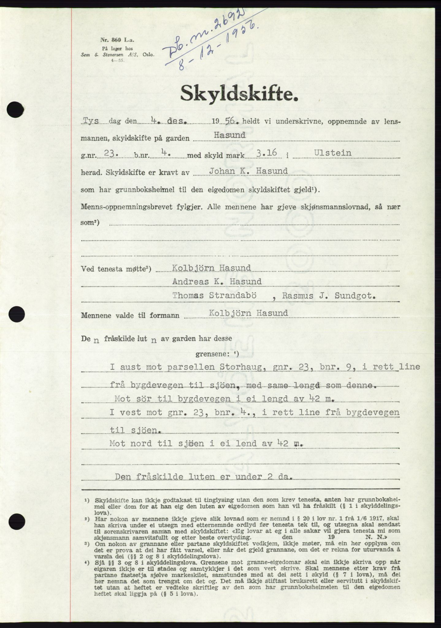 Søre Sunnmøre sorenskriveri, AV/SAT-A-4122/1/2/2C/L0105: Mortgage book no. 31A, 1956-1957, Diary no: : 2692/1956