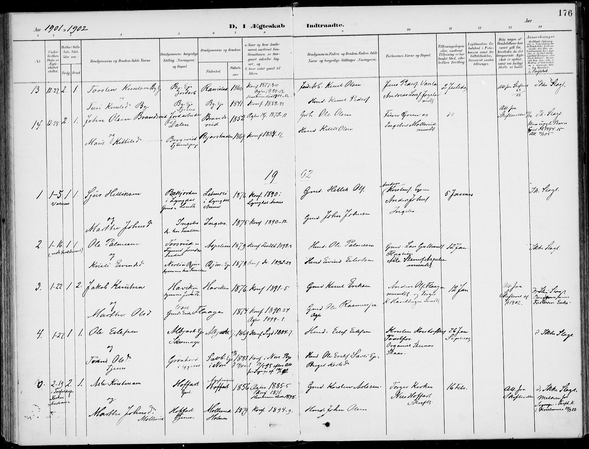 Sigdal kirkebøker, SAKO/A-245/F/Fb/L0002: Parish register (official) no. II 2, 1901-1914, p. 176