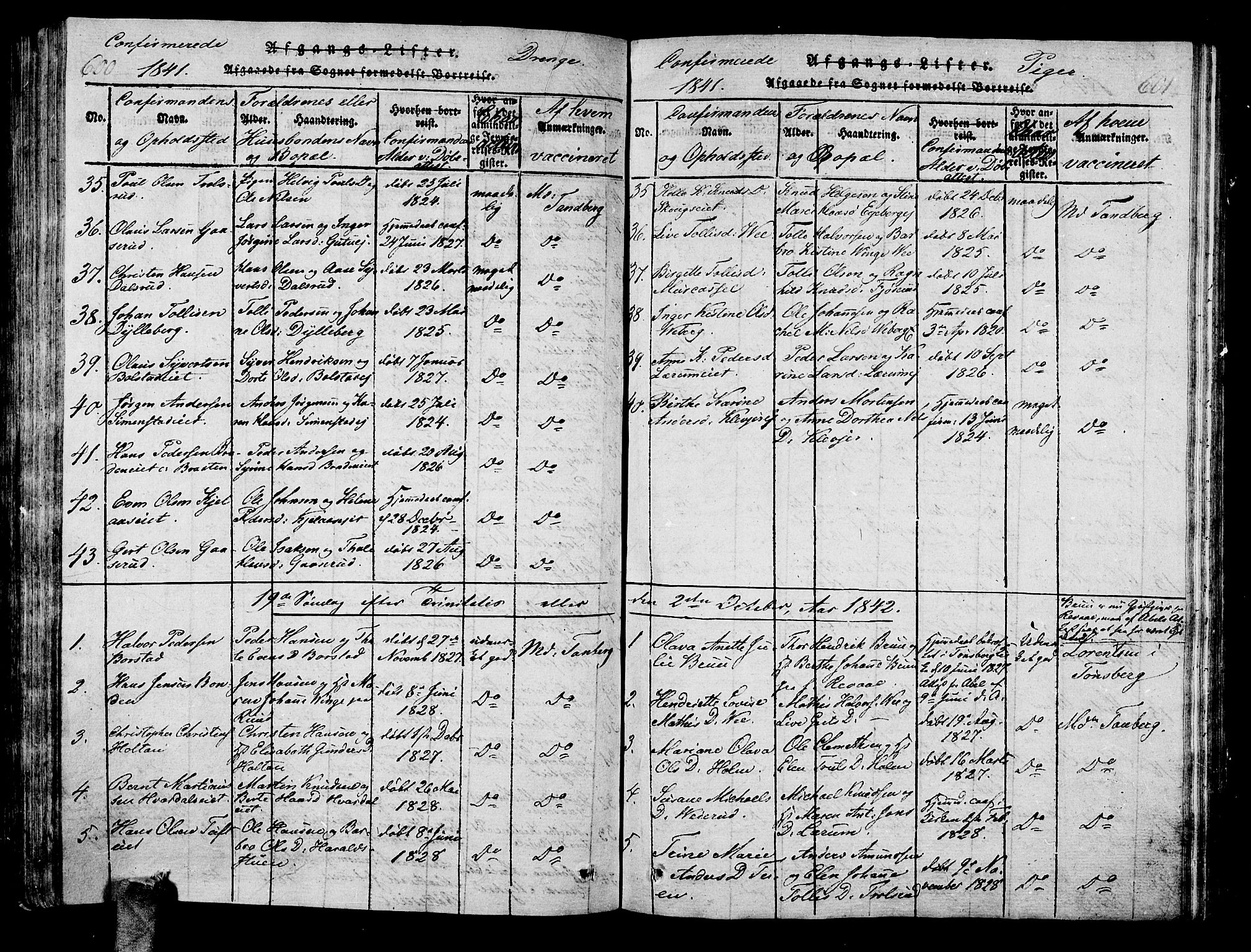 Sande Kirkebøker, SAKO/A-53/G/Ga/L0001: Parish register (copy) no. 1, 1814-1847, p. 600-601