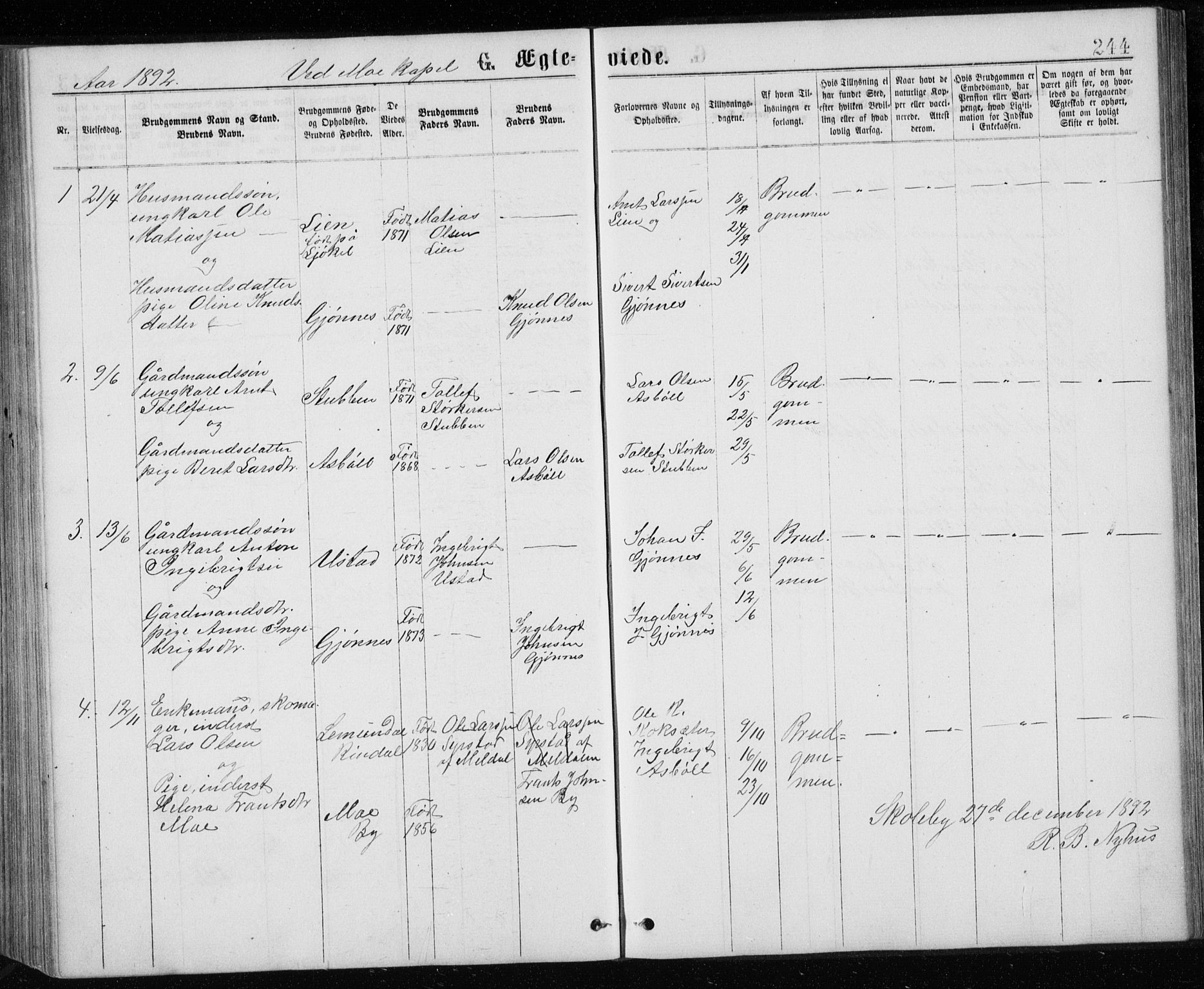 Ministerialprotokoller, klokkerbøker og fødselsregistre - Sør-Trøndelag, SAT/A-1456/671/L0843: Parish register (copy) no. 671C02, 1873-1892, p. 244