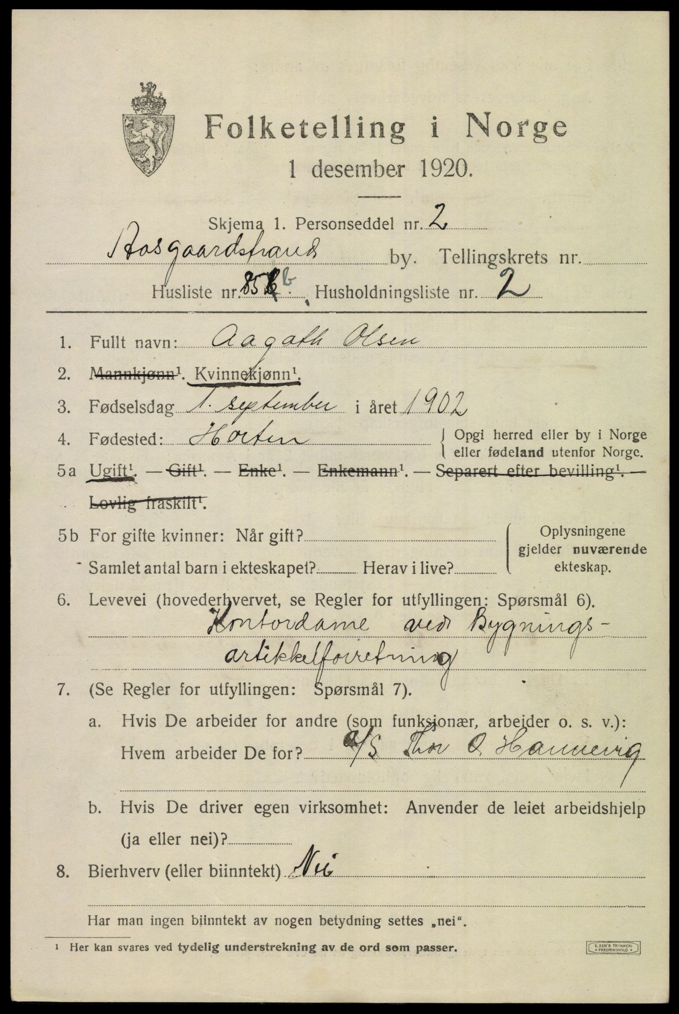 SAKO, 1920 census for Åsgårdstrand, 1920, p. 1249