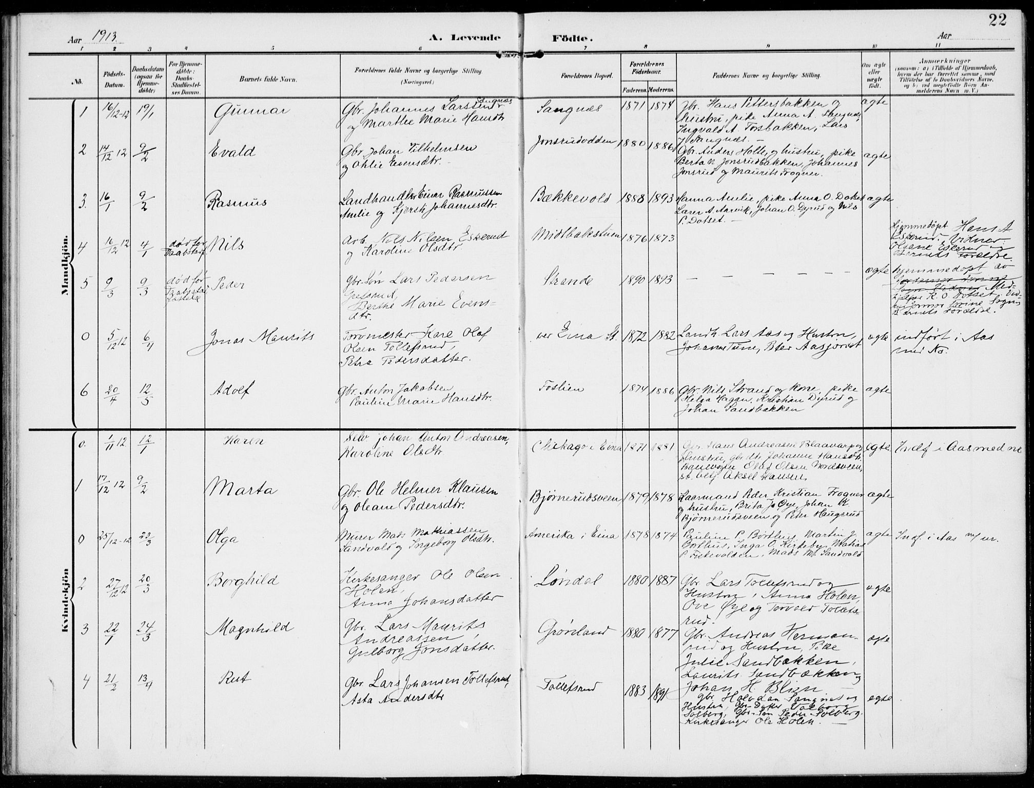 Kolbu prestekontor, AV/SAH-PREST-110/H/Ha/Haa/L0001: Parish register (official) no. 1, 1907-1923, p. 22