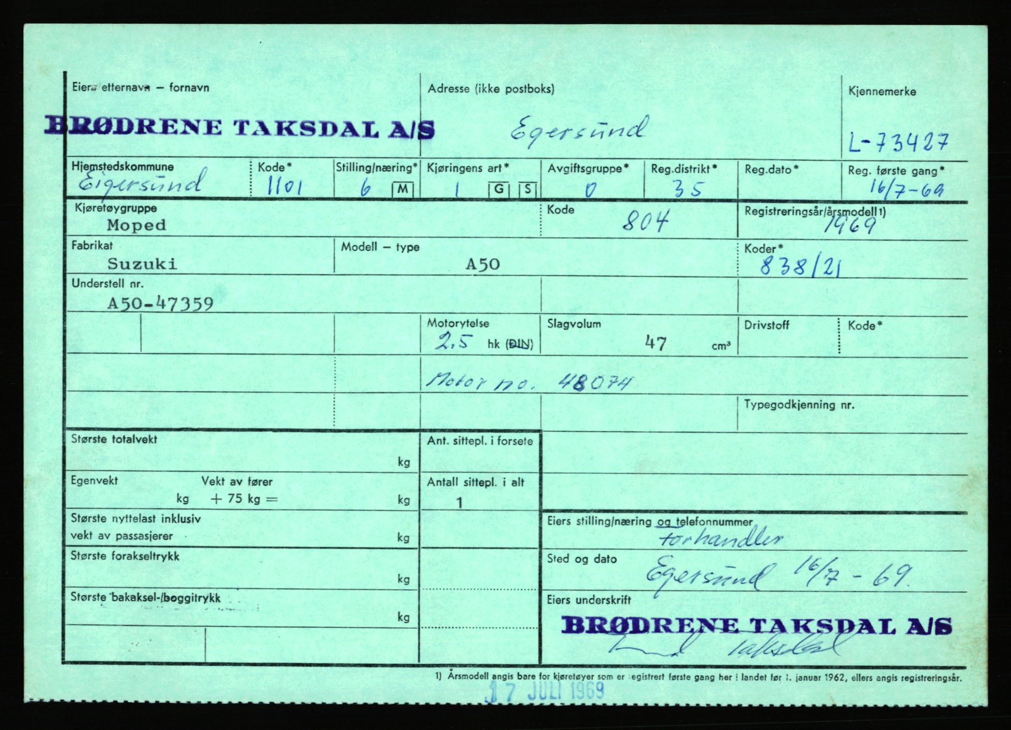 Stavanger trafikkstasjon, SAST/A-101942/0/F/L0067: L-71600 - L-74999, 1930-1971, p. 1530