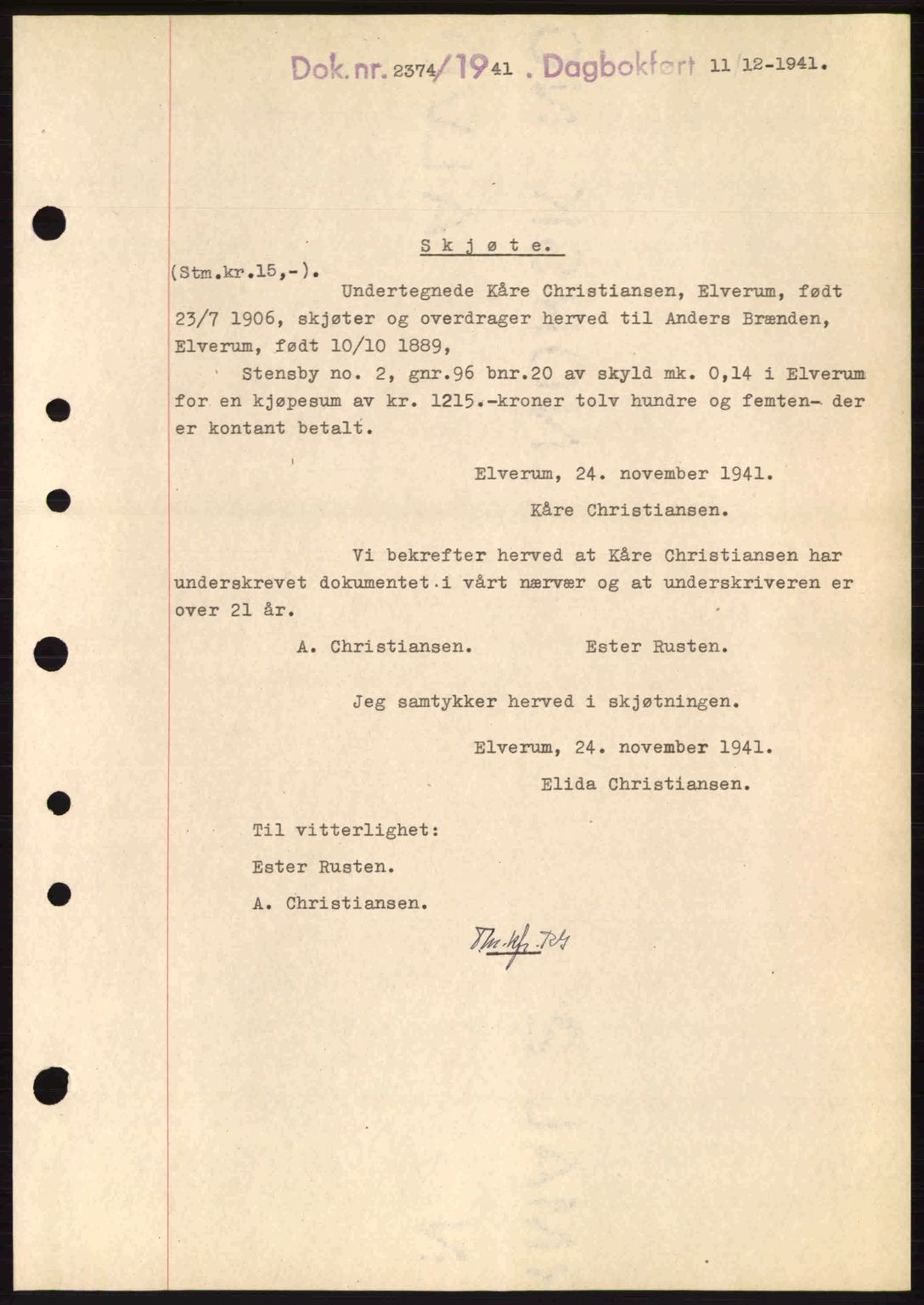 Sør-Østerdal sorenskriveri, AV/SAH-TING-018/H/Hb/Hbb/L0066: Mortgage book no. A66, 1941-1942, Diary no: : 2374/1941