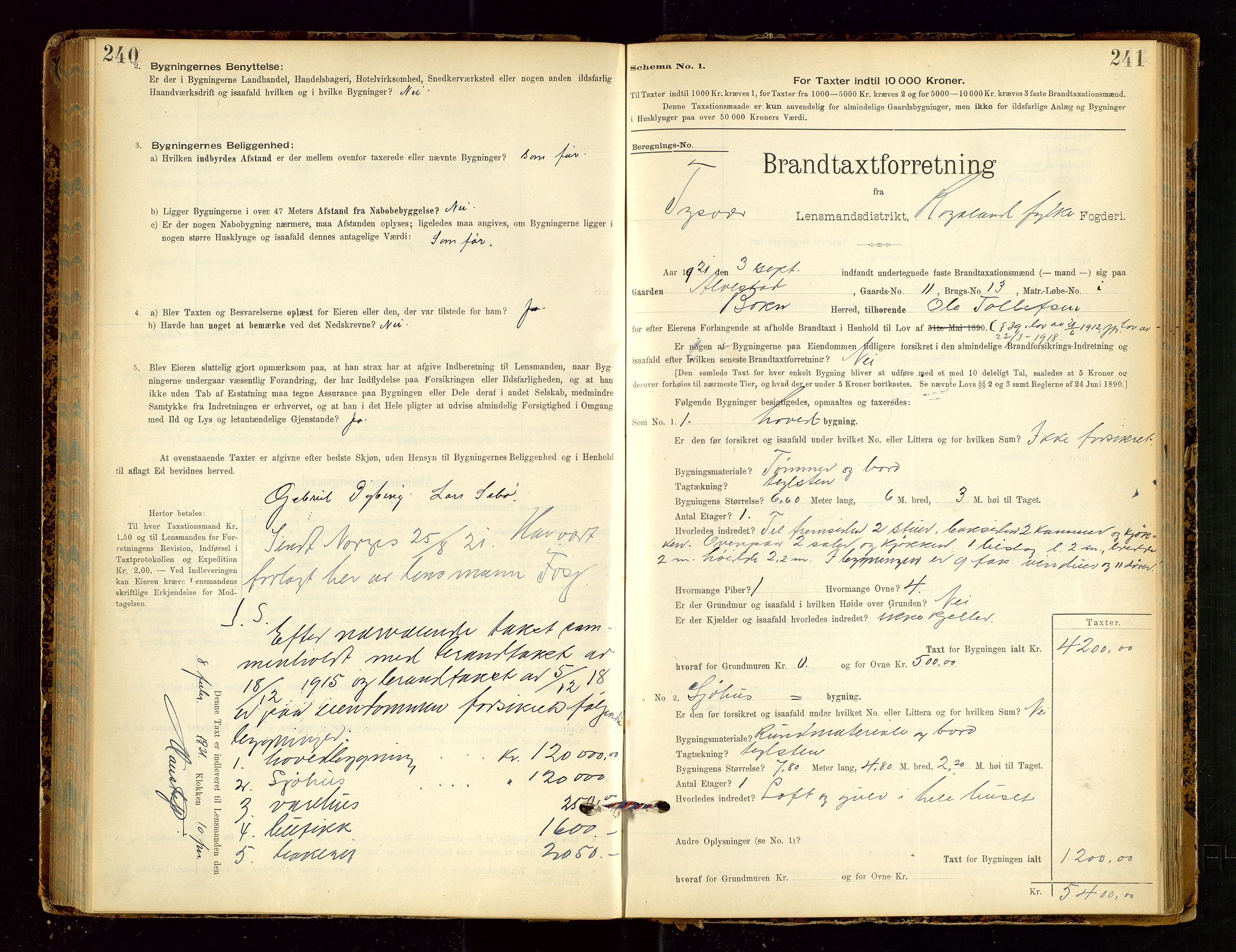 Tysvær lensmannskontor, AV/SAST-A-100192/Gob/L0002: "Brandtakstprotokol for Lensmanden i Tysvær", 1901-1932, p. 240-241