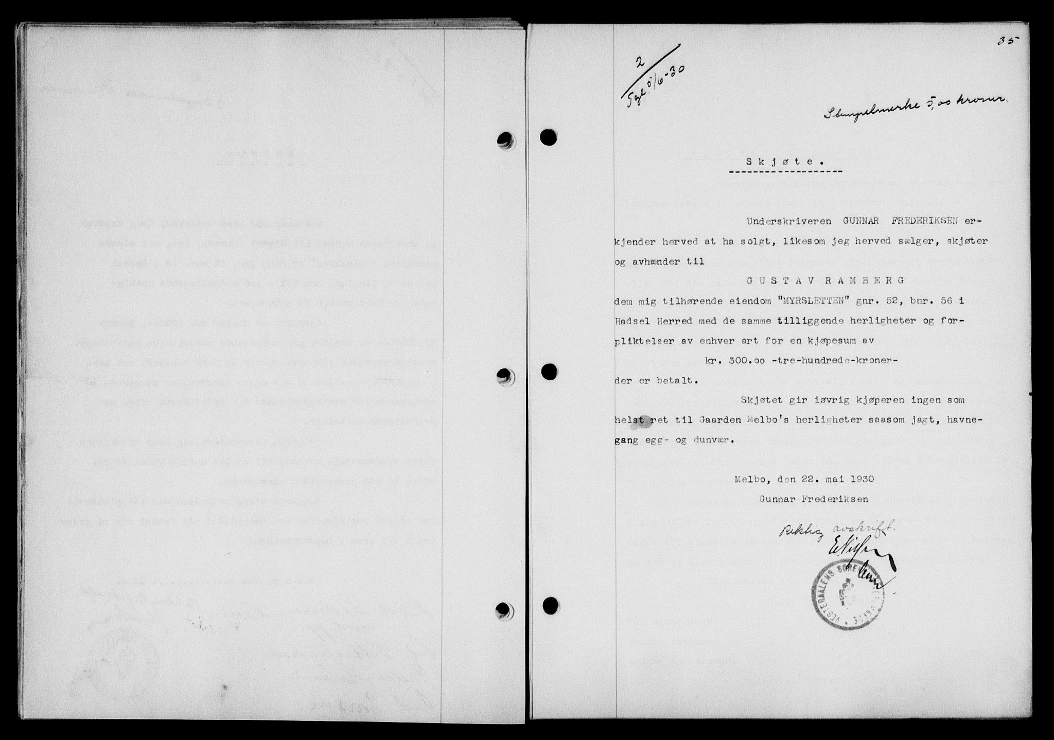 Vesterålen sorenskriveri, SAT/A-4180/1/2/2Ca/L0051: Mortgage book no. 44, 1930-1930, Deed date: 05.06.1930