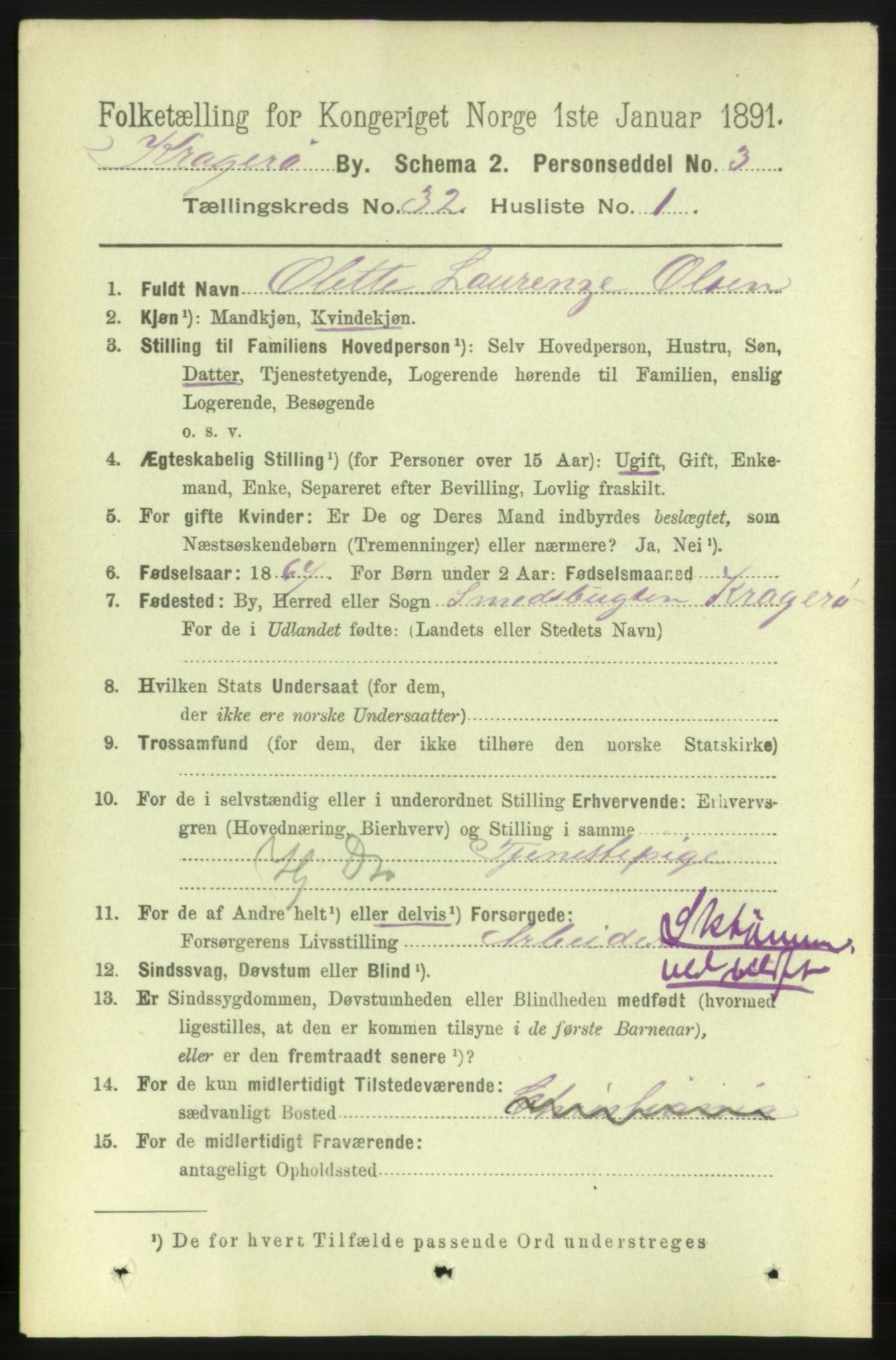 RA, 1891 census for 0801 Kragerø, 1891, p. 5789