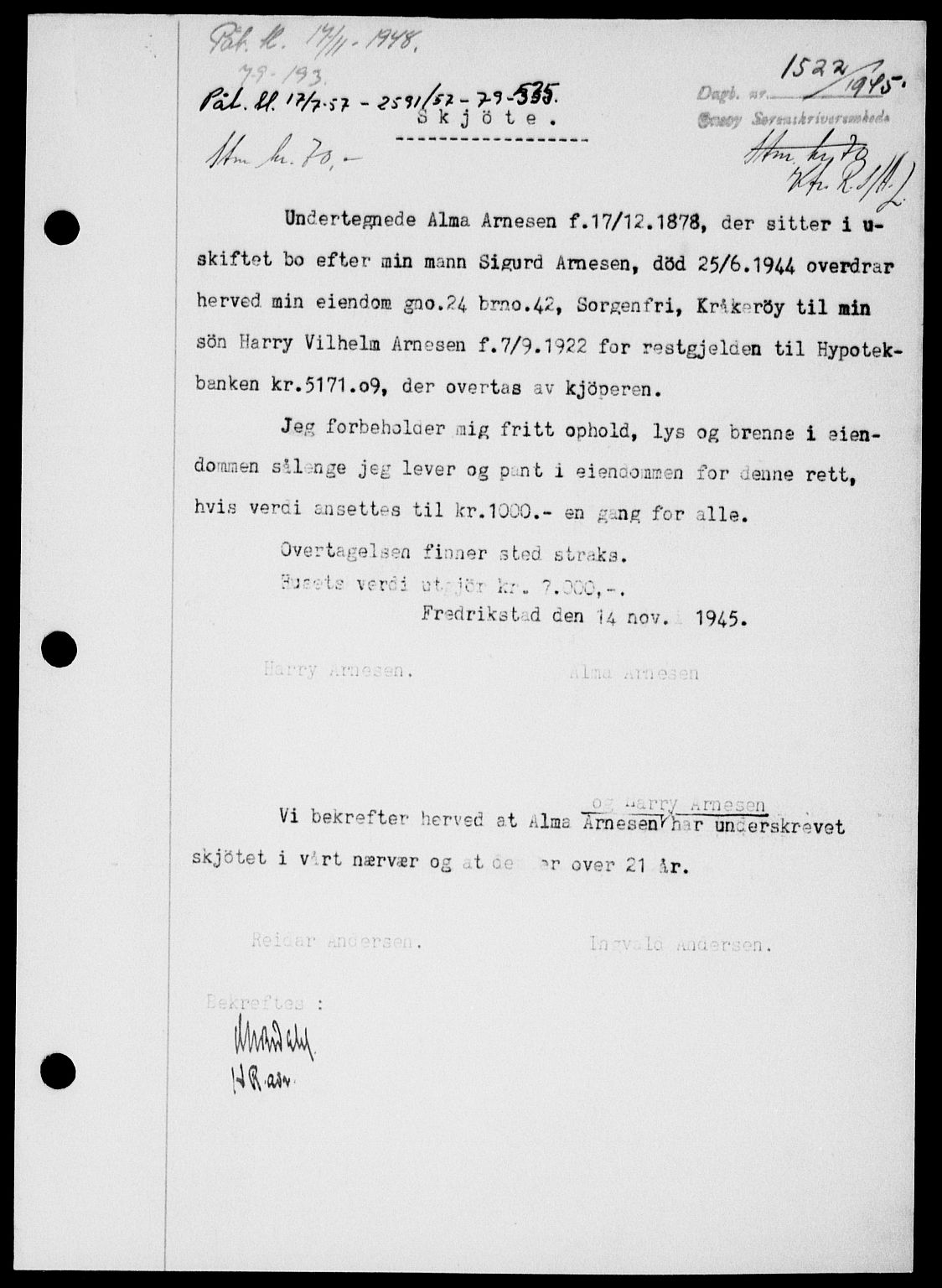 Onsøy sorenskriveri, SAO/A-10474/G/Ga/Gab/L0015: Mortgage book no. II A-15, 1945-1946, Diary no: : 1522/1945