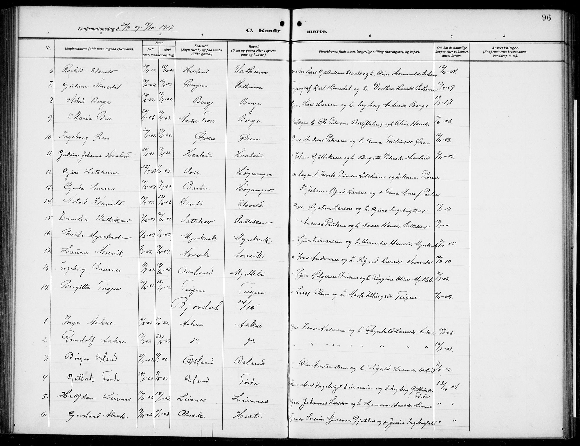 Lavik sokneprestembete, AV/SAB-A-80901: Parish register (copy) no. B 4, 1914-1937, p. 96