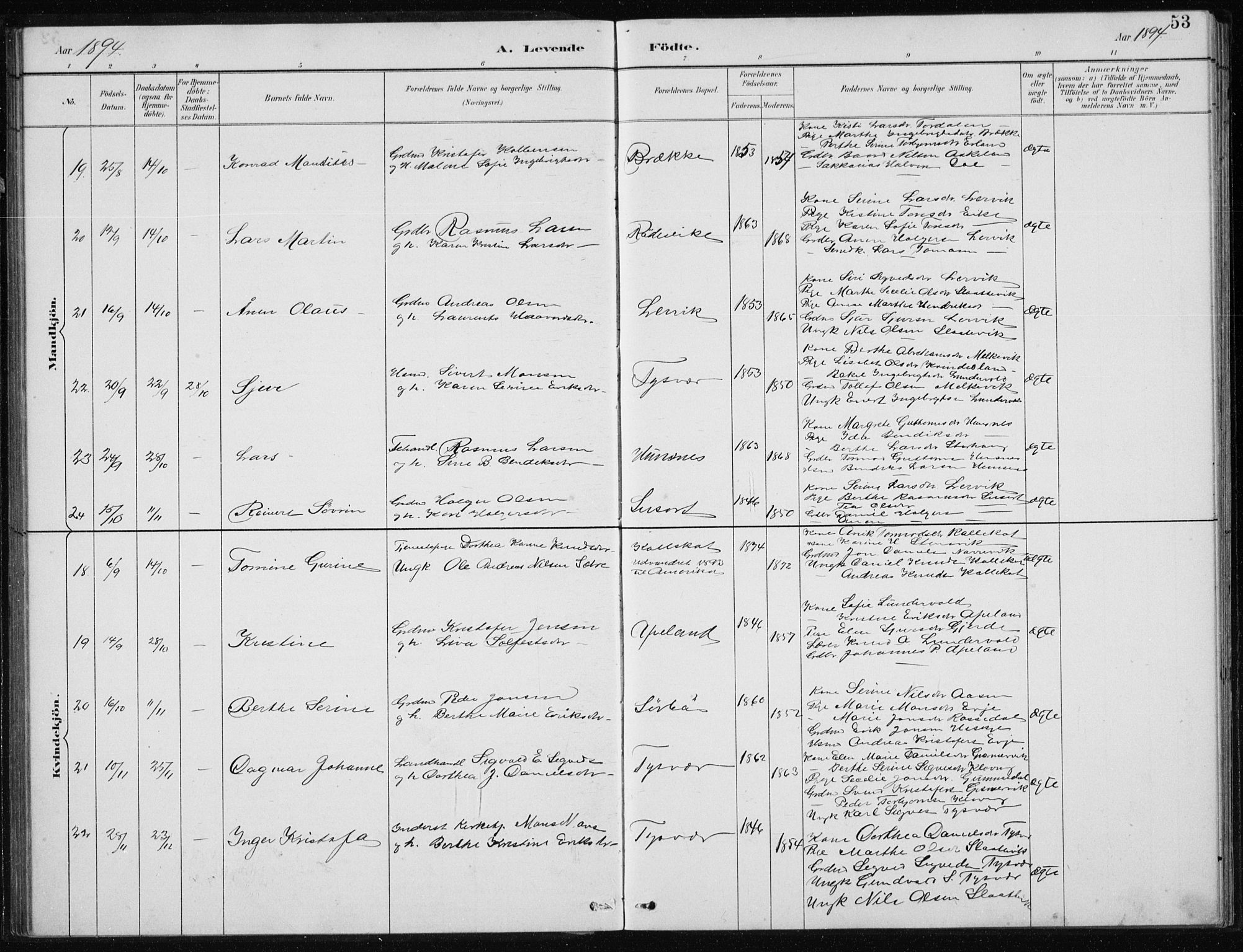 Tysvær sokneprestkontor, AV/SAST-A -101864/H/Ha/Hab/L0004: Parish register (copy) no. B 4, 1883-1896, p. 53