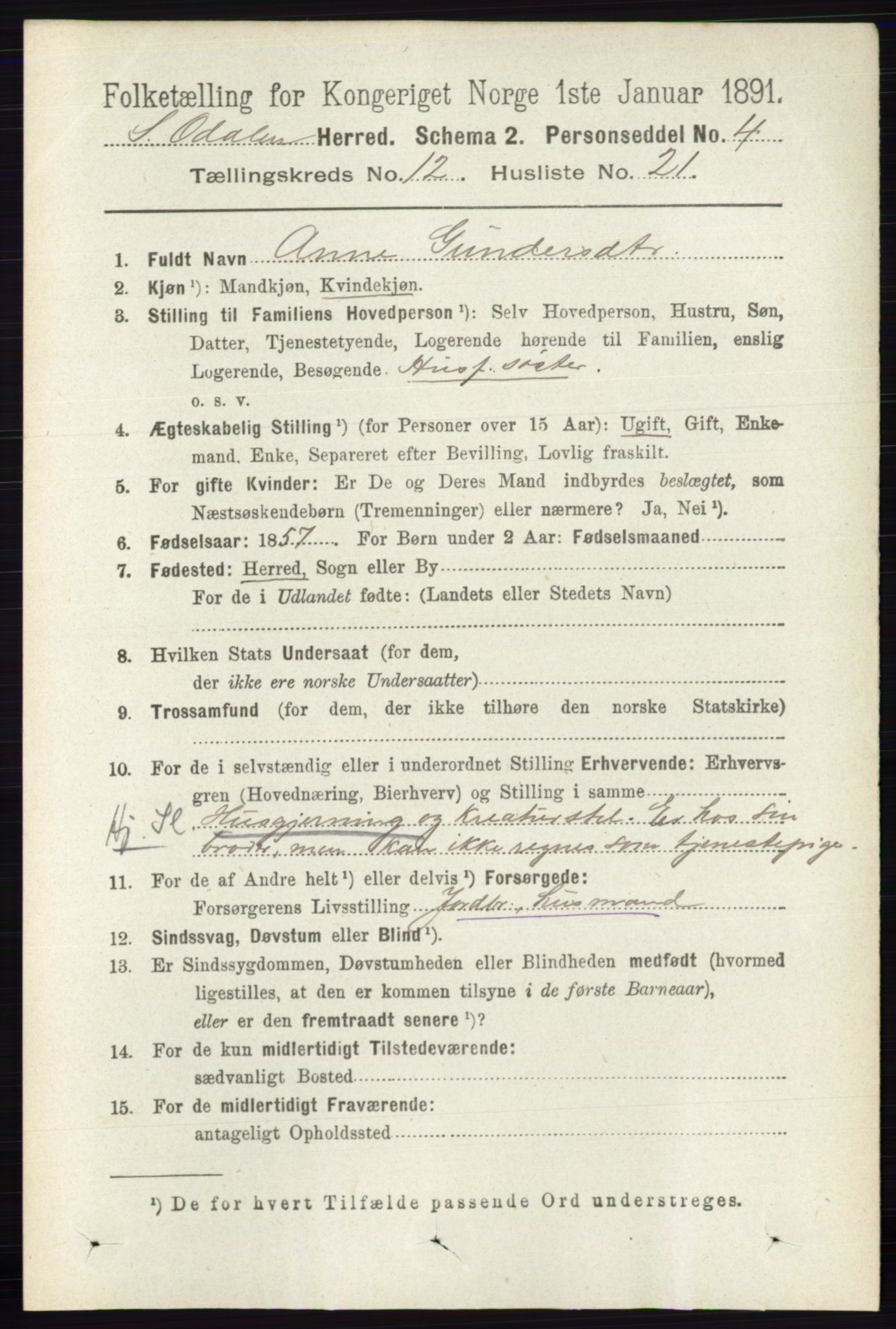 RA, 1891 census for 0419 Sør-Odal, 1891, p. 5483