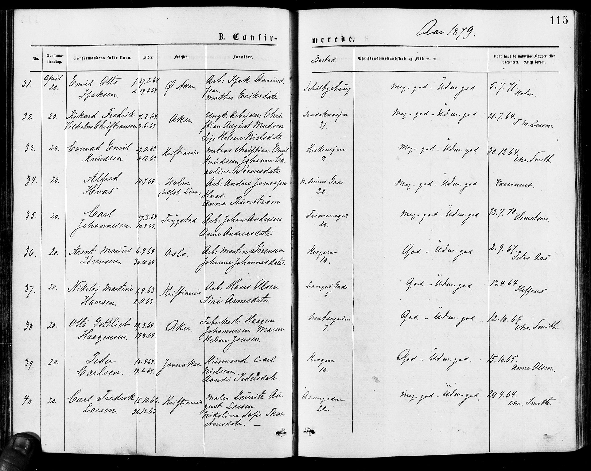 Gamle Aker prestekontor Kirkebøker, AV/SAO-A-10617a/F/L0005: Parish register (official) no. 5, 1873-1881, p. 115