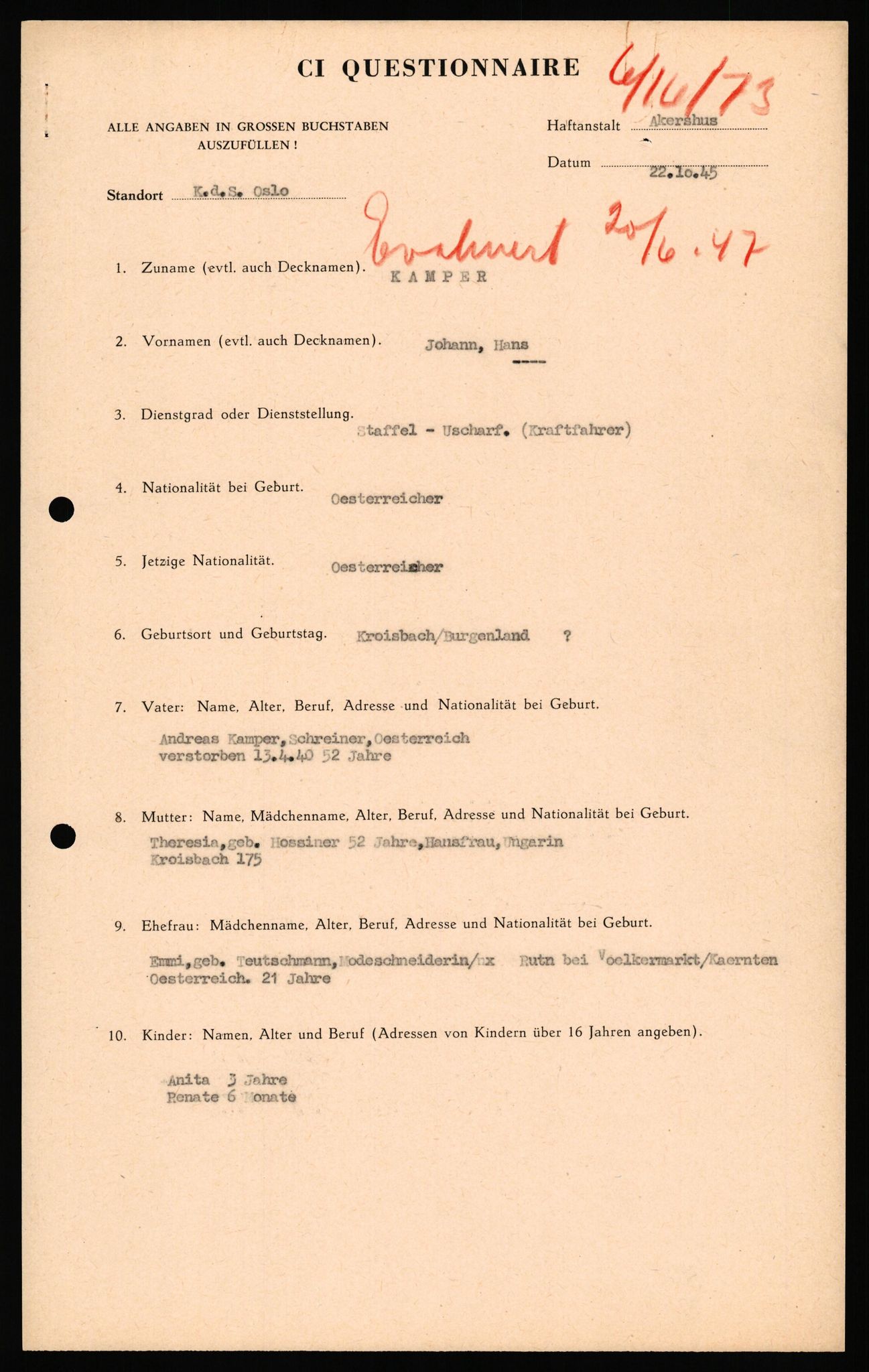 Forsvaret, Forsvarets overkommando II, AV/RA-RAFA-3915/D/Db/L0039: CI Questionaires. Tyske okkupasjonsstyrker i Norge. Østerrikere., 1945-1946, p. 147