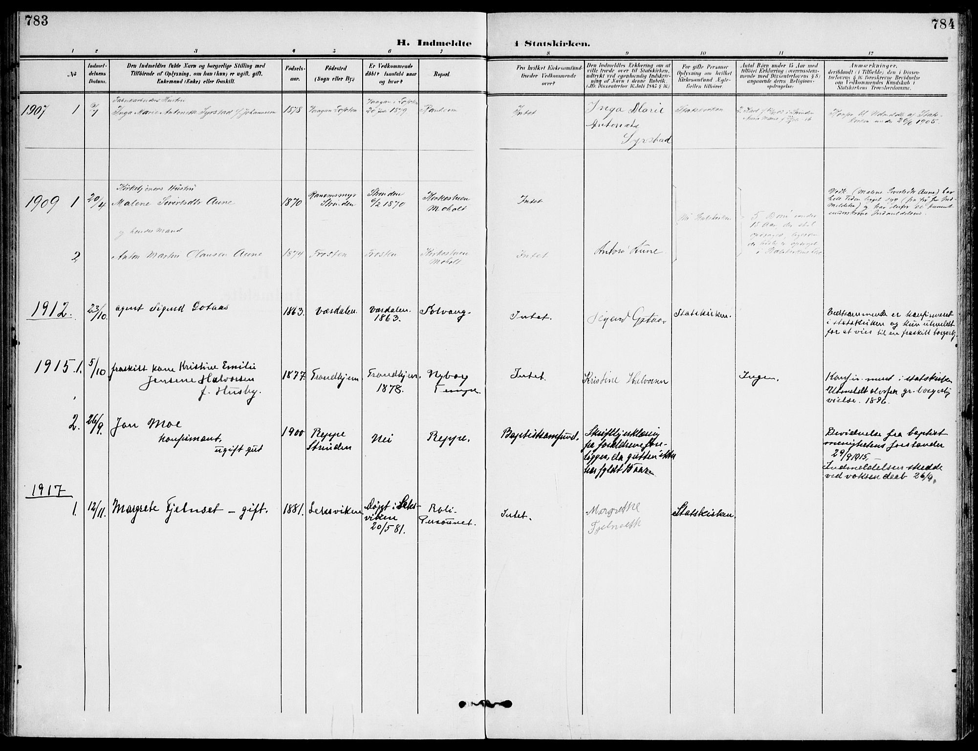 Ministerialprotokoller, klokkerbøker og fødselsregistre - Sør-Trøndelag, AV/SAT-A-1456/607/L0320: Parish register (official) no. 607A04, 1907-1915, p. 783-784