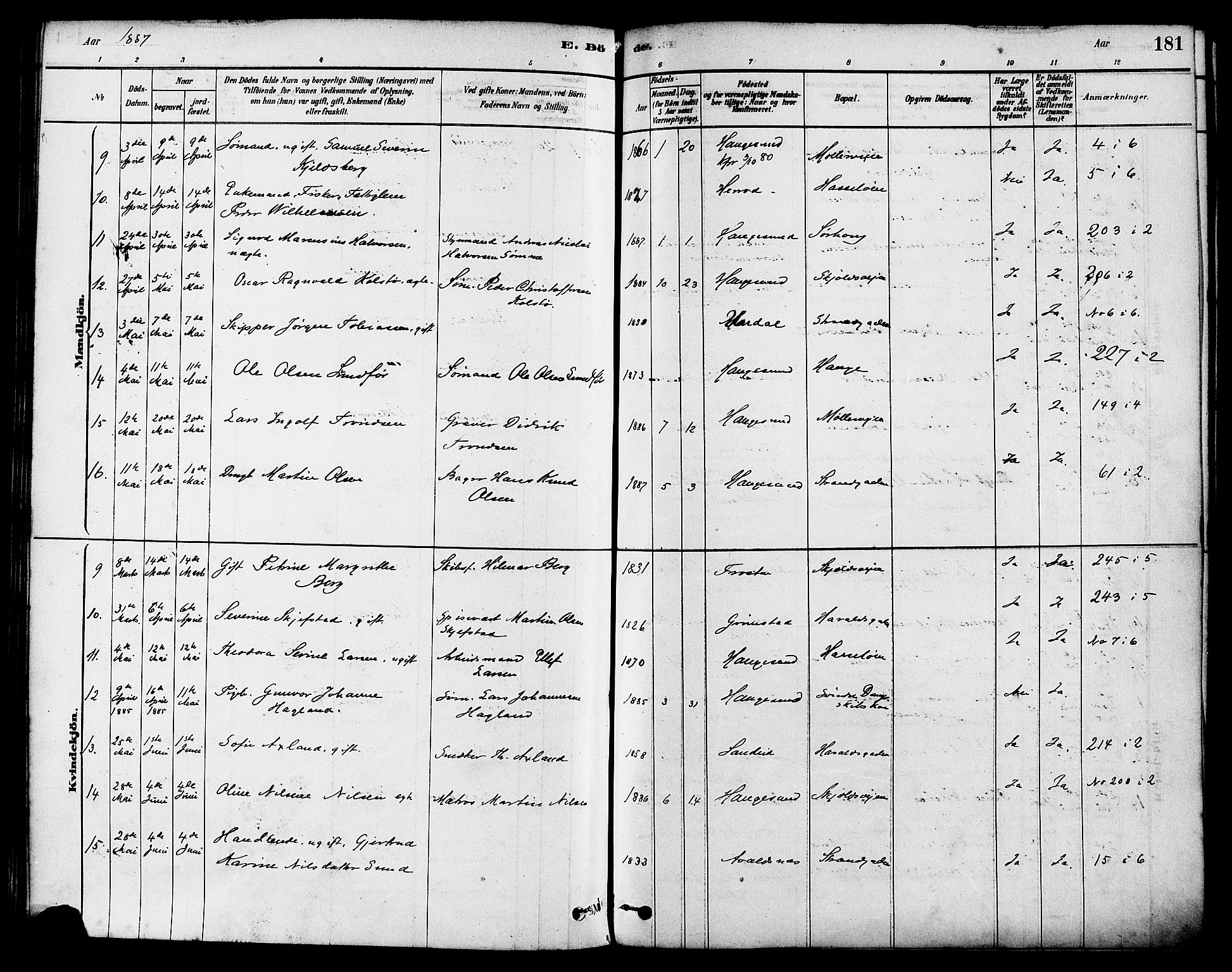 Haugesund sokneprestkontor, AV/SAST-A -101863/H/Ha/Haa/L0003: Parish register (official) no. A 3, 1885-1890, p. 181