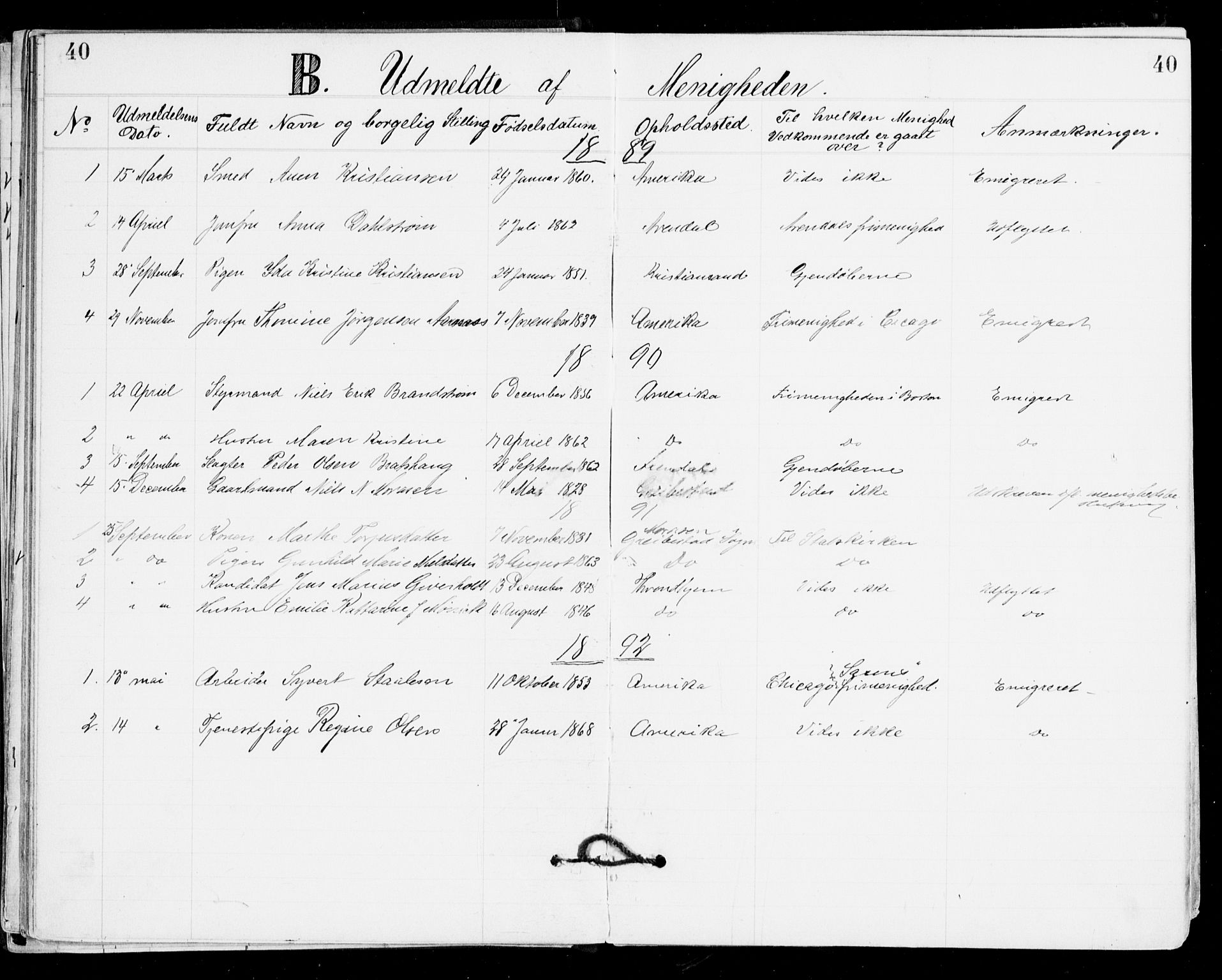 Den evangelisk-lutherske frikirke, Kristiansand, SAK/1292-0017/F/Fa/L0002: Dissenter register no. F 10, 1889-1892, p. 40