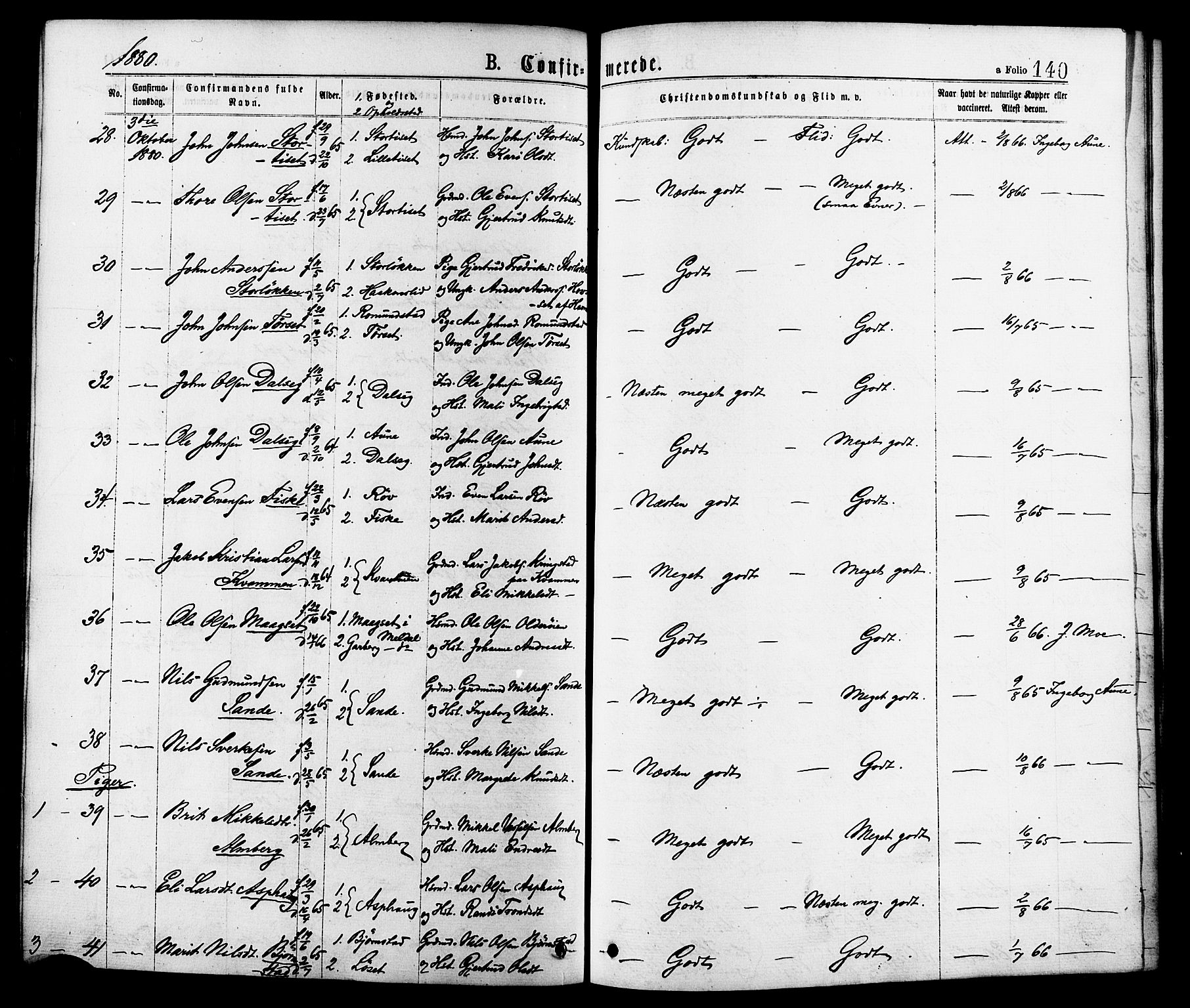 Ministerialprotokoller, klokkerbøker og fødselsregistre - Møre og Romsdal, AV/SAT-A-1454/598/L1068: Parish register (official) no. 598A02, 1872-1881, p. 140