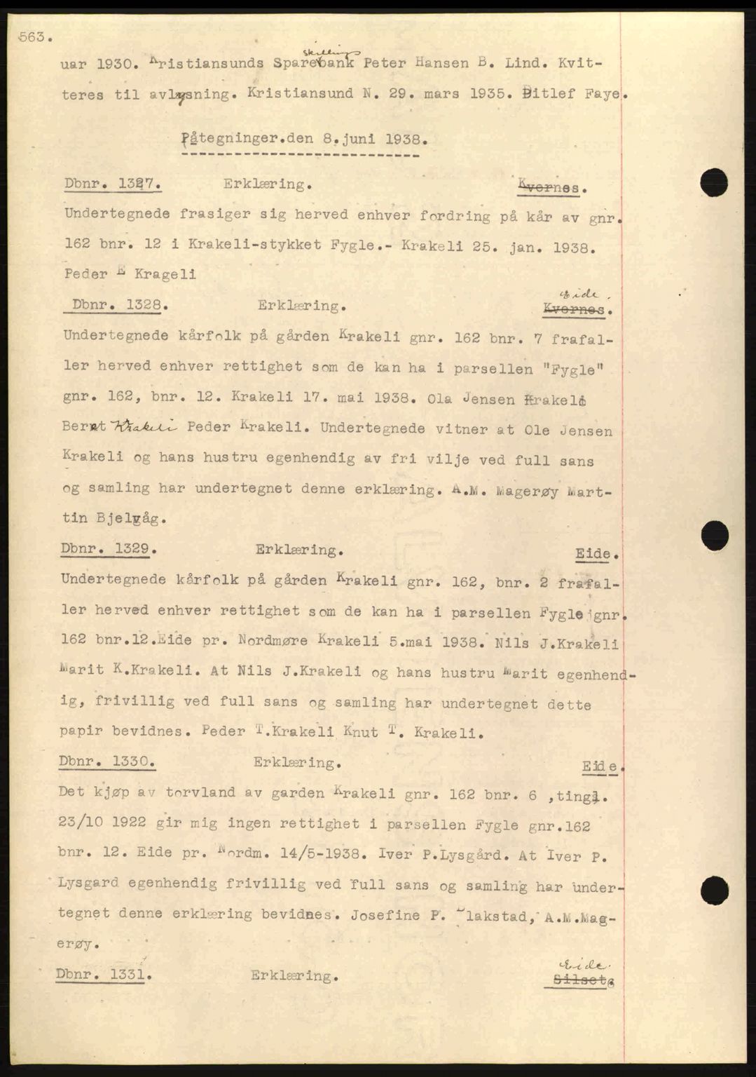 Nordmøre sorenskriveri, AV/SAT-A-4132/1/2/2Ca: Mortgage book no. C80, 1936-1939, Diary no: : 1327/1938