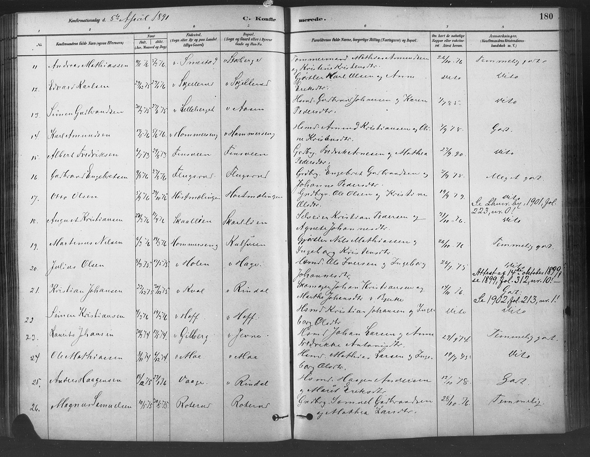 Fåberg prestekontor, SAH/PREST-086/H/Ha/Haa/L0009: Parish register (official) no. 9, 1879-1898, p. 180