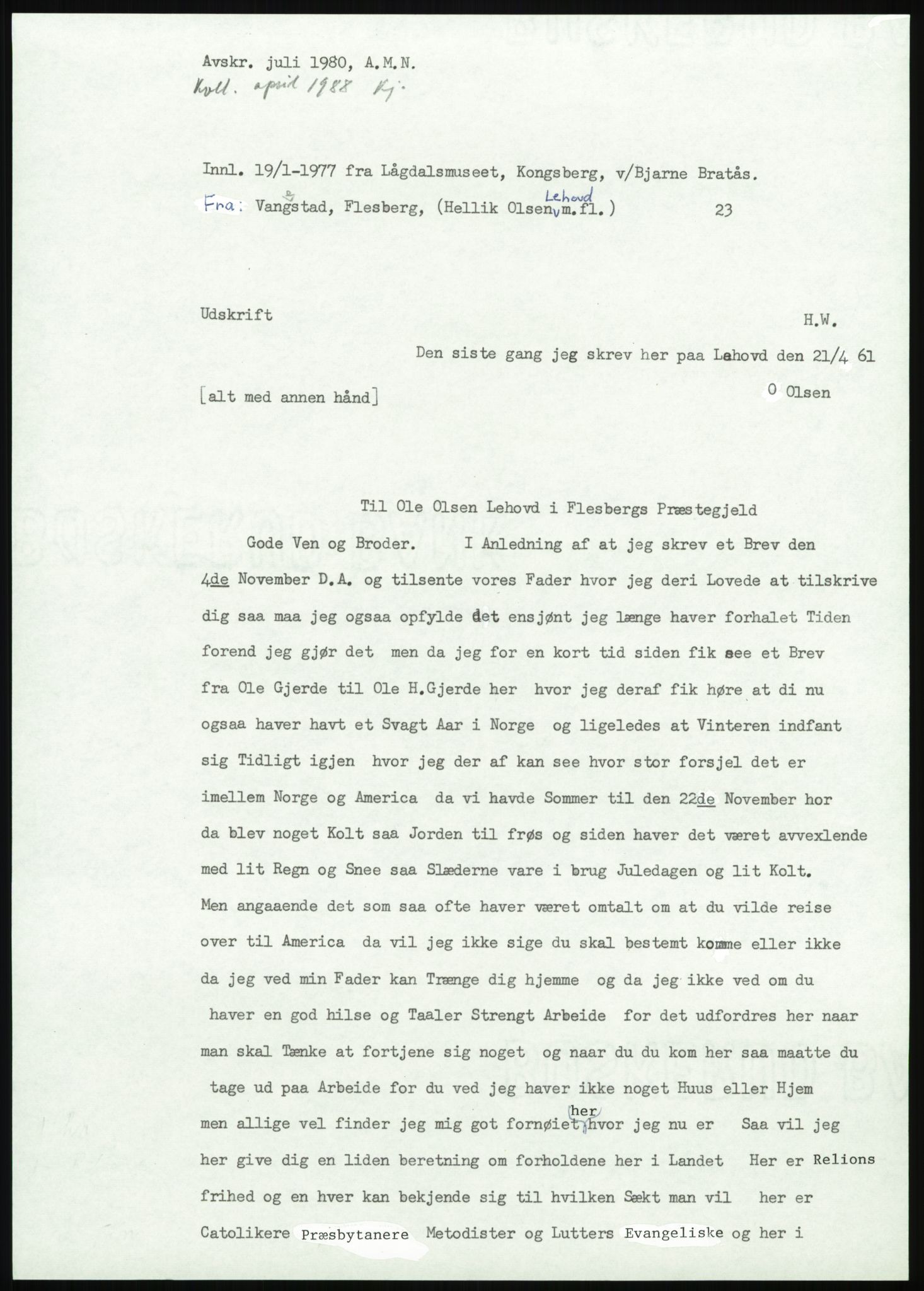 Samlinger til kildeutgivelse, Amerikabrevene, AV/RA-EA-4057/F/L0020: Innlån fra Buskerud: Lerfaldet - Lågdalsmuseet, 1838-1914, p. 681